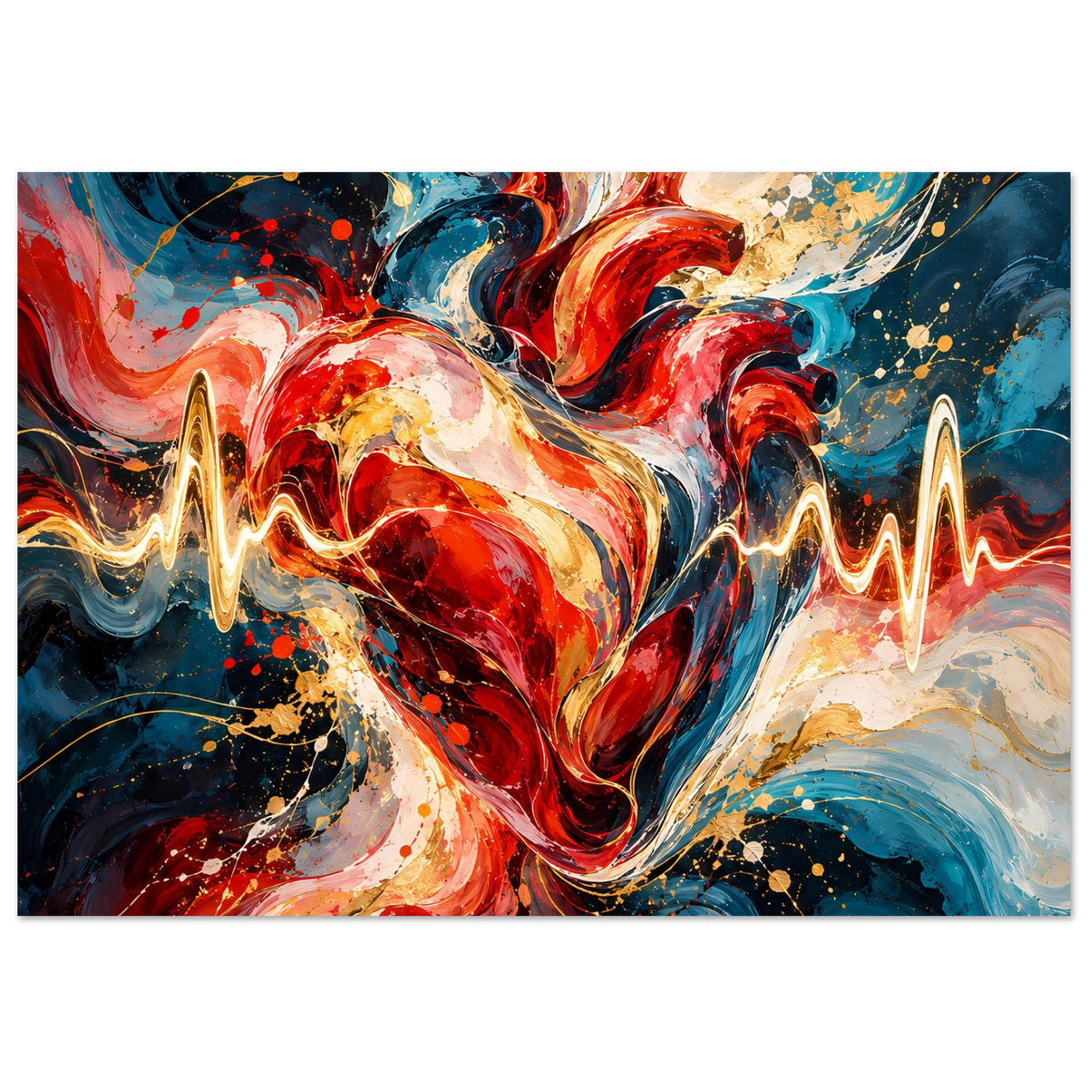 Herzschlag-Poster in abstrakter Maloptik: rotes Herz, goldene EKG-Zacken, blaue Akzente