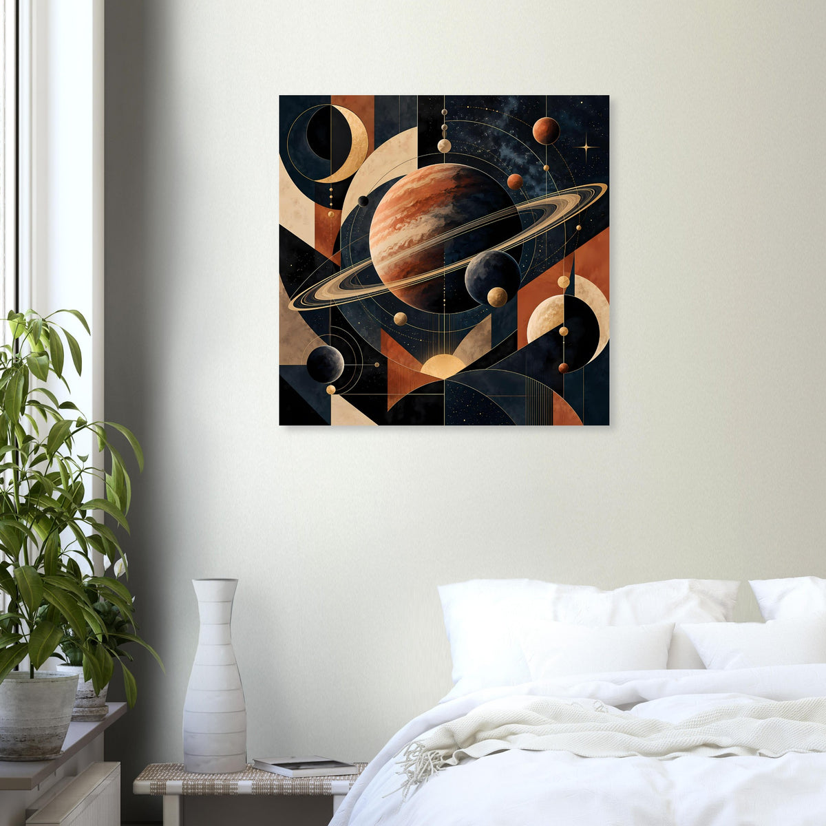 Wandposter mit kosmischer Geometrie: Planet im Zentrum, Ringe und Punkte in warmen Erdtönen