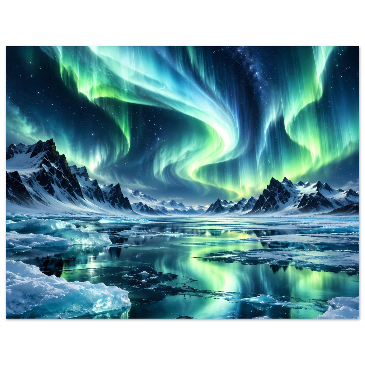 Nordlicht-Poster im Querformat: Aurora Borealis über winterlichen Bergen, Eis und Reflexen