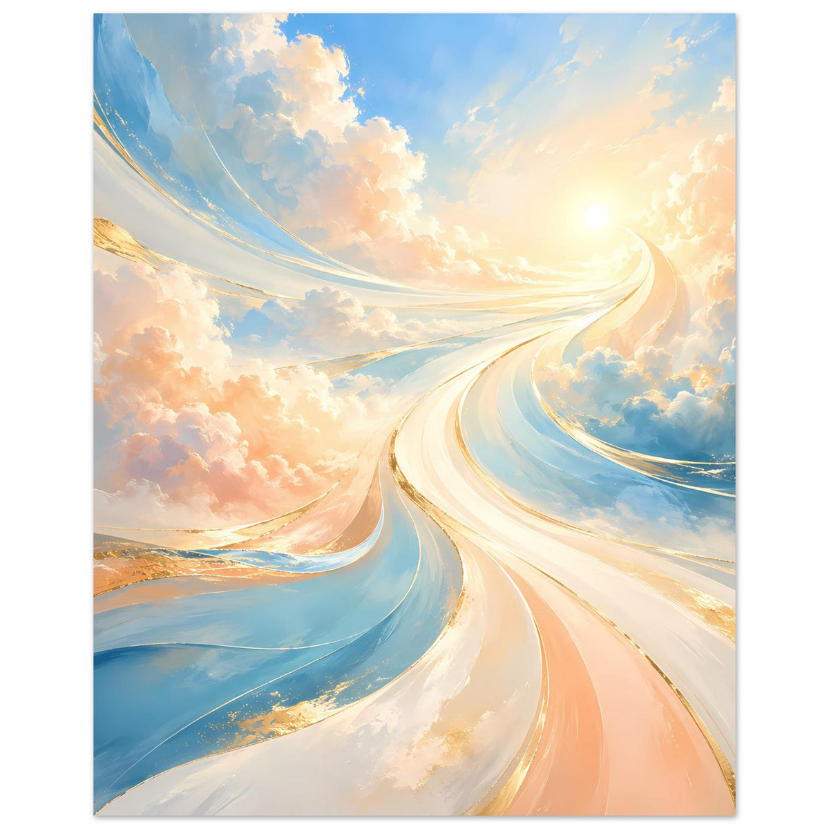 Fantasie-Poster im Hochformat mit Pastellhimmel, Sonne und geschwungenen Lichtbahnen, Wolken