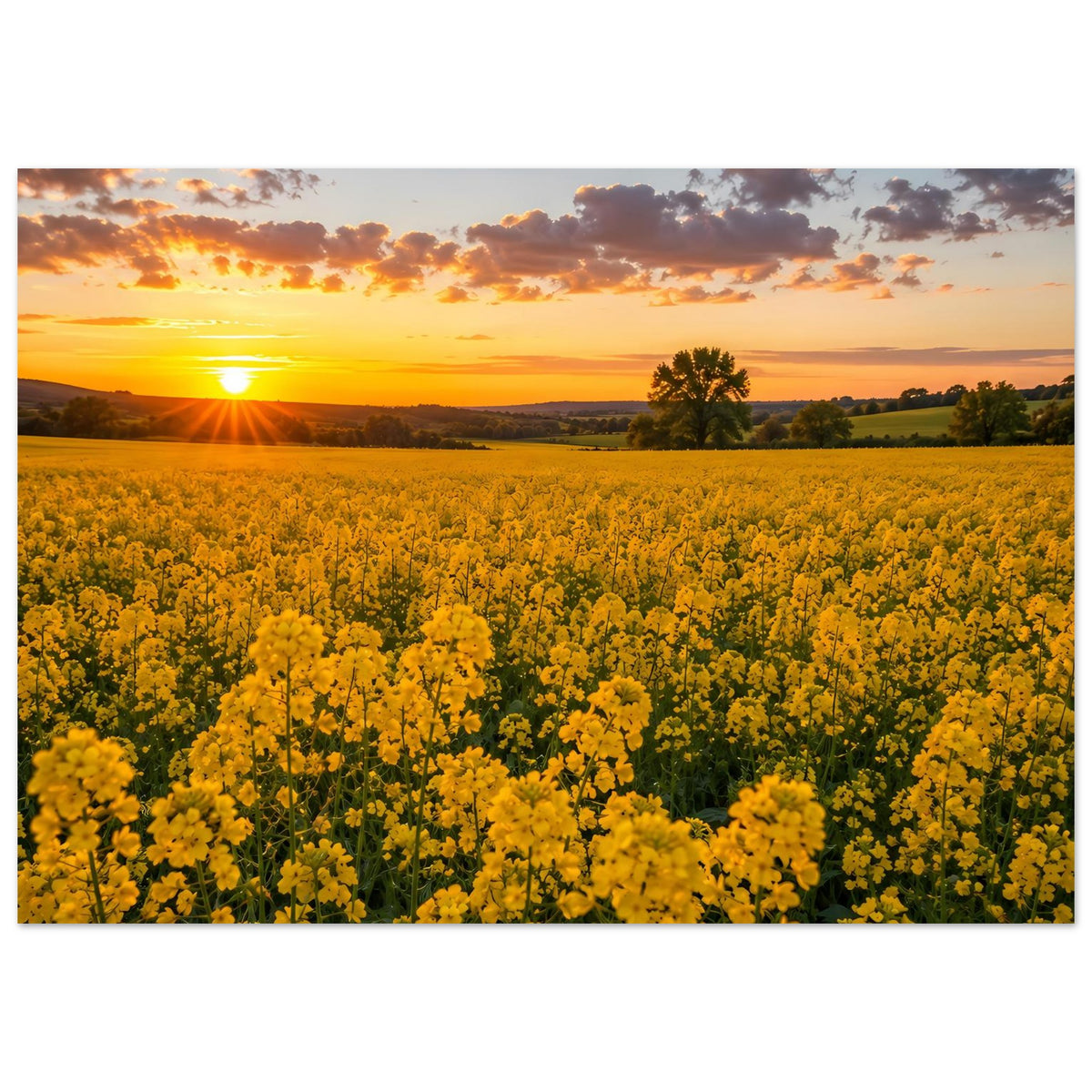 Landschaftsposter mit gelbem Blütenmeer, tiefem Sonnenuntergang und Wolken am Himmel