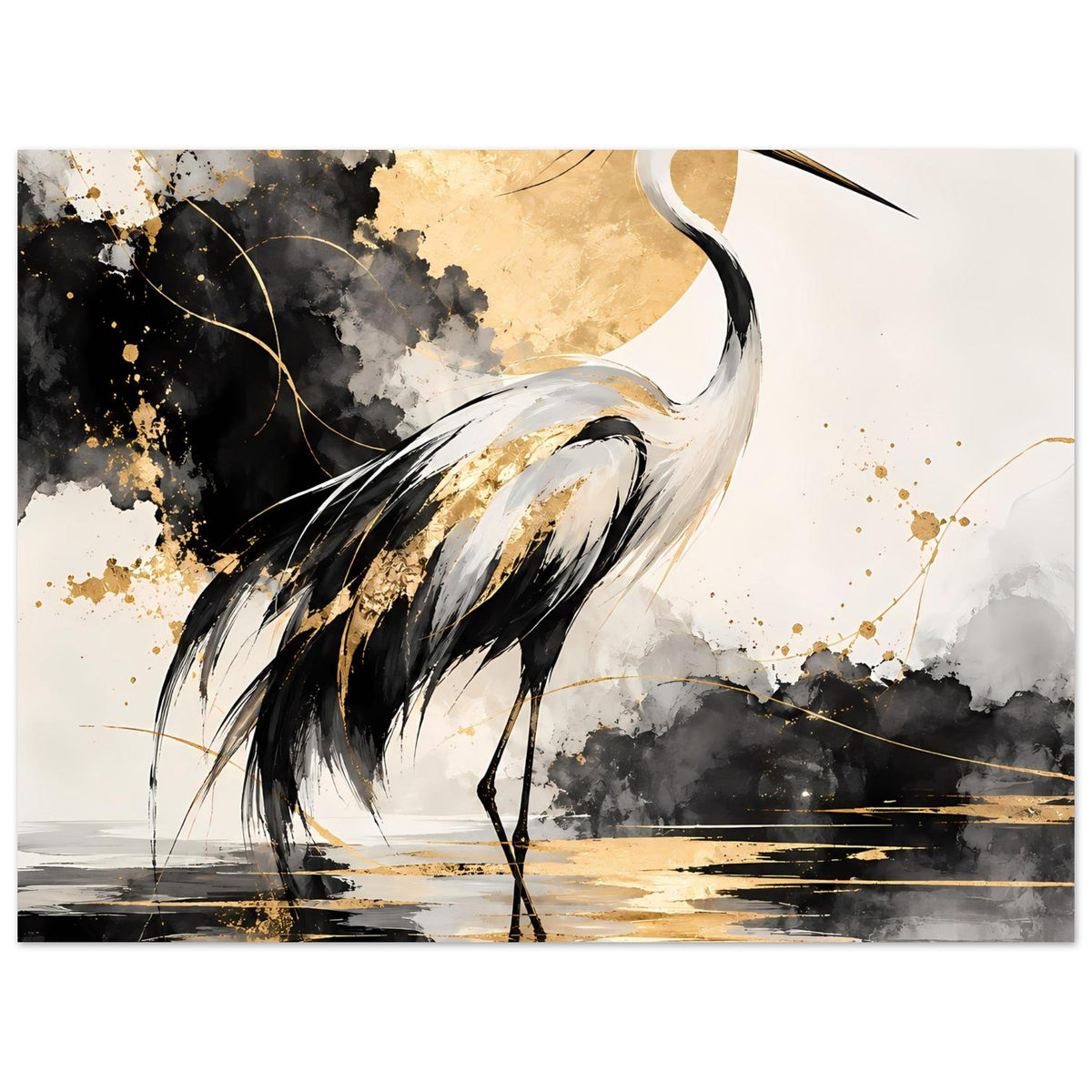 Vogelposter mit Kranich in Schwarz, Weiß und Gold; Nahansicht von Kopf, Schnabel und Hals