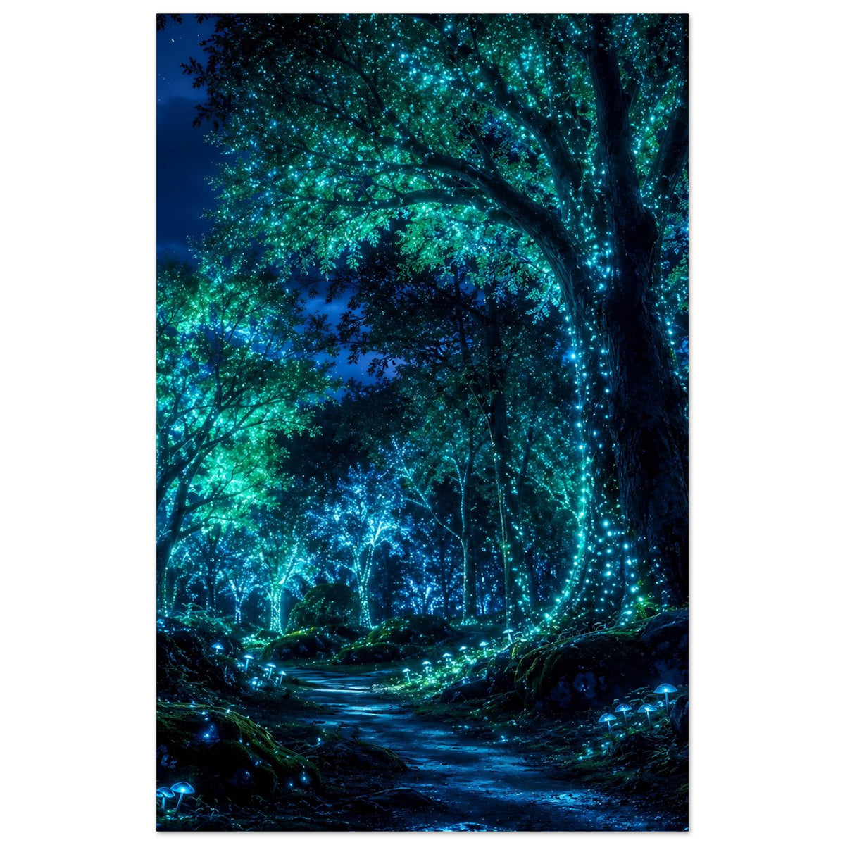 Wandposter im Hochformat mit leuchtendem Baummotiv und dunklem Waldweg im Nachtblau