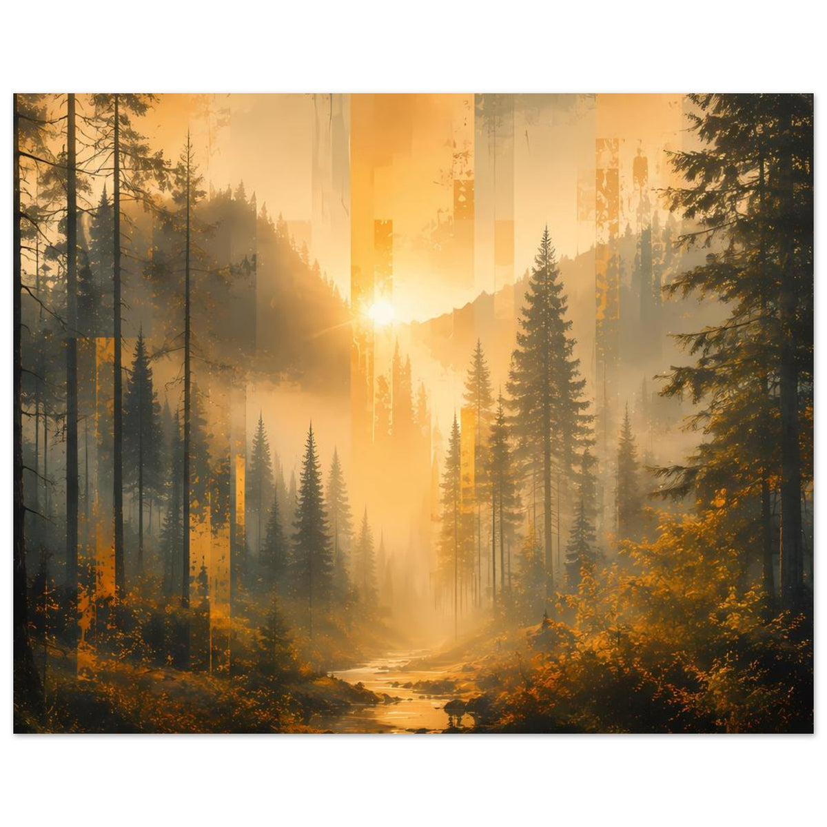 Wandposter Waldfluss durch dichten Nebel, Sonnenstrahl zwischen Tannen, Querformat