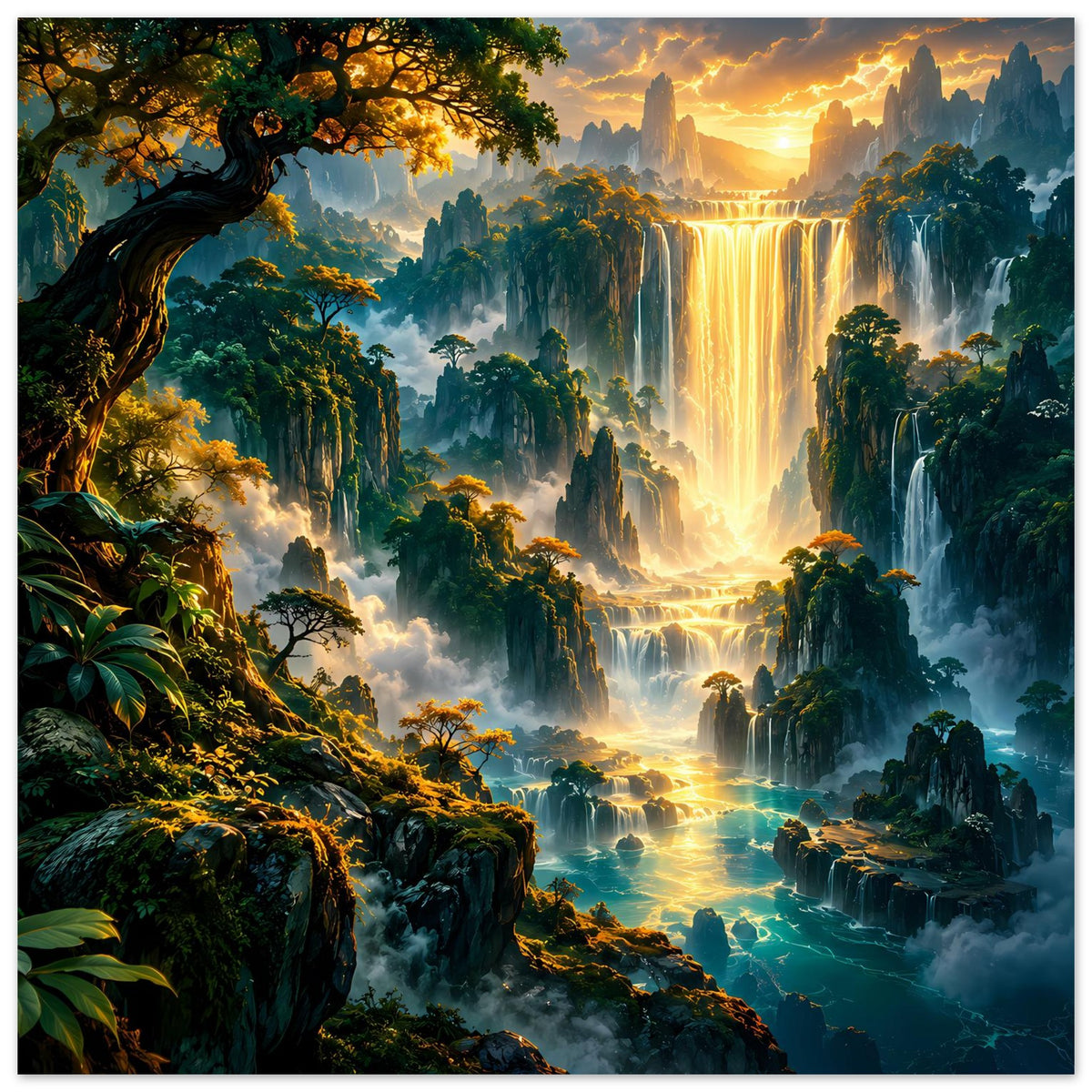 Gerahmtes Landschaftsposter mit goldenem Wasserfall, üppigen Wäldern und Felsbergen bei Sonnenuntergang