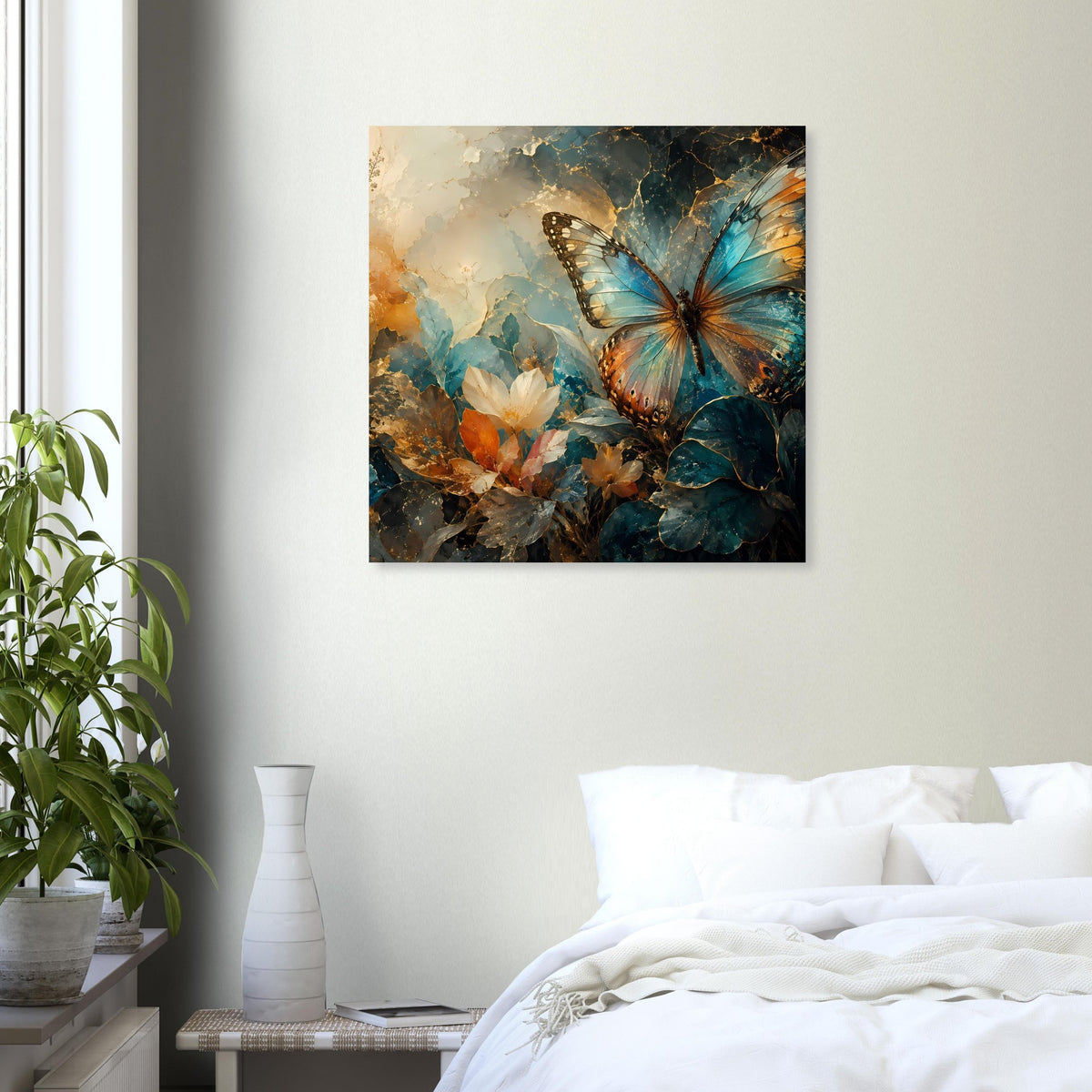 Quadratisches Poster mit blauem Schmetterling und goldigen Akzenten vor abstrakten Blüten