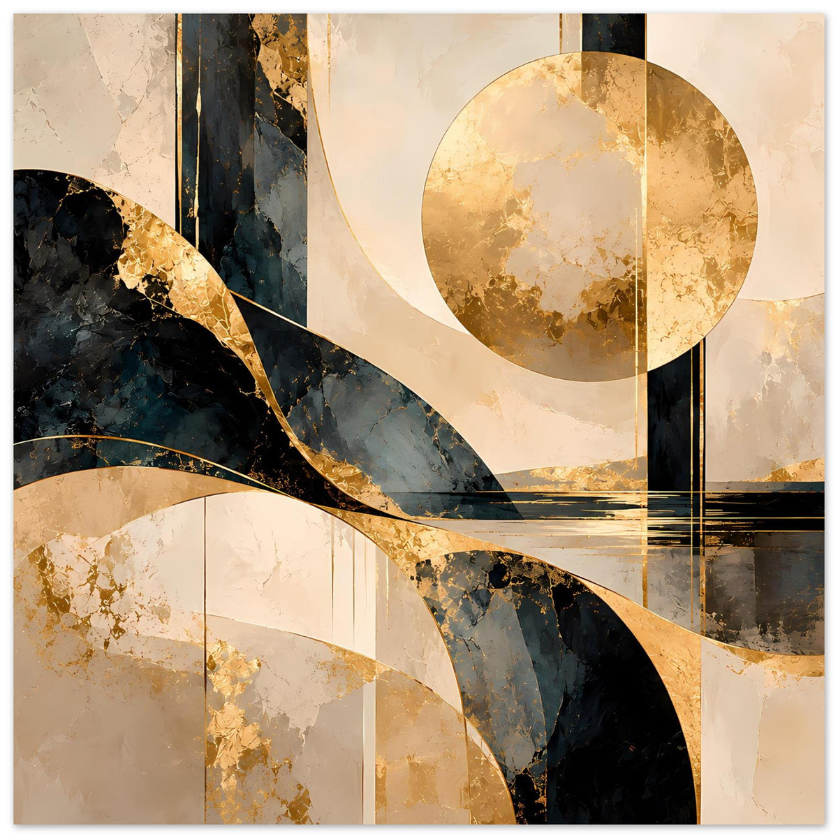 Abstraktes Poster im Querformat: goldene Linien, dunkle Bögen, Kreise und Streifen