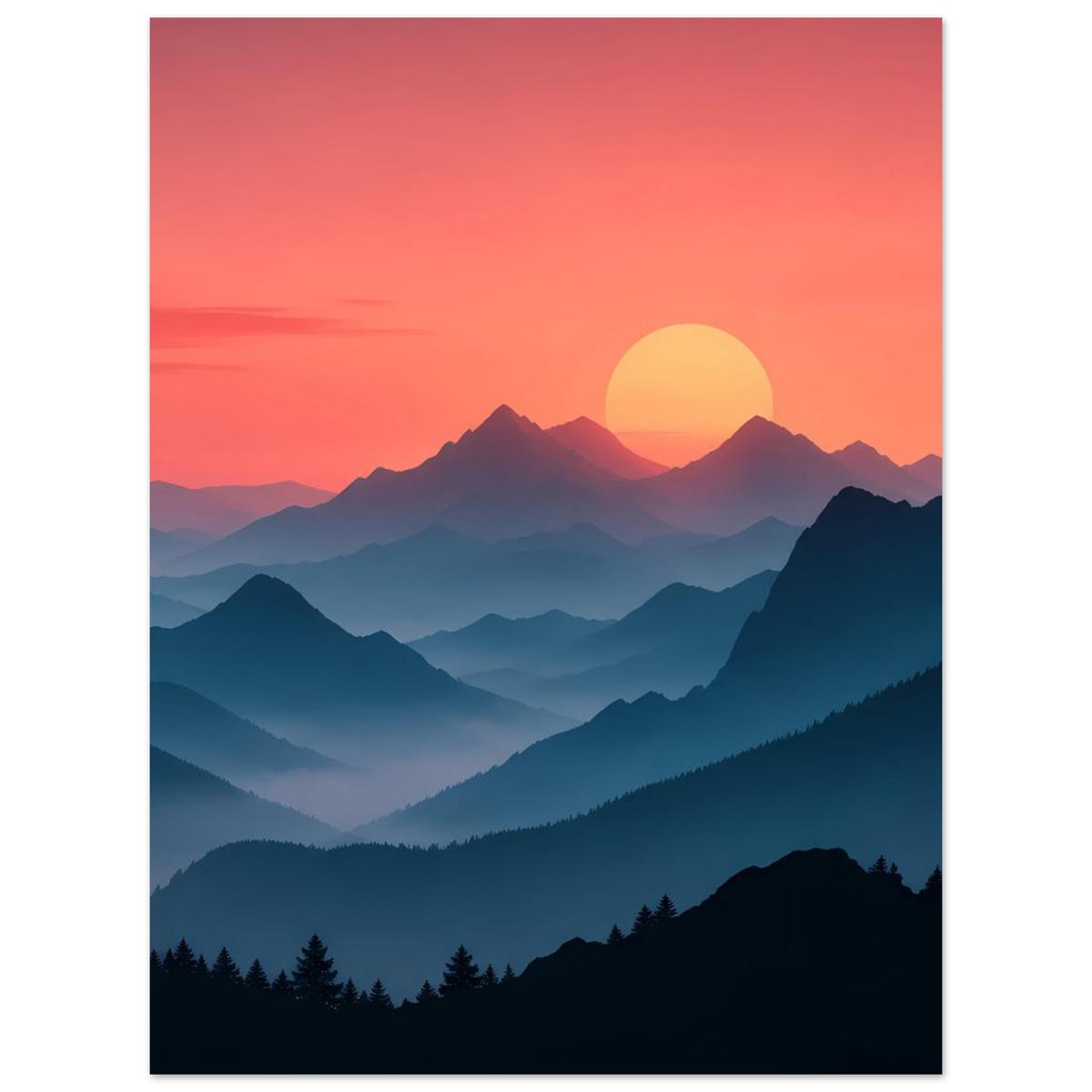 Hochformatiges Landschaftsposter mit großer gelber Sonne, Dämmerungsfarben und blauen Bergketten