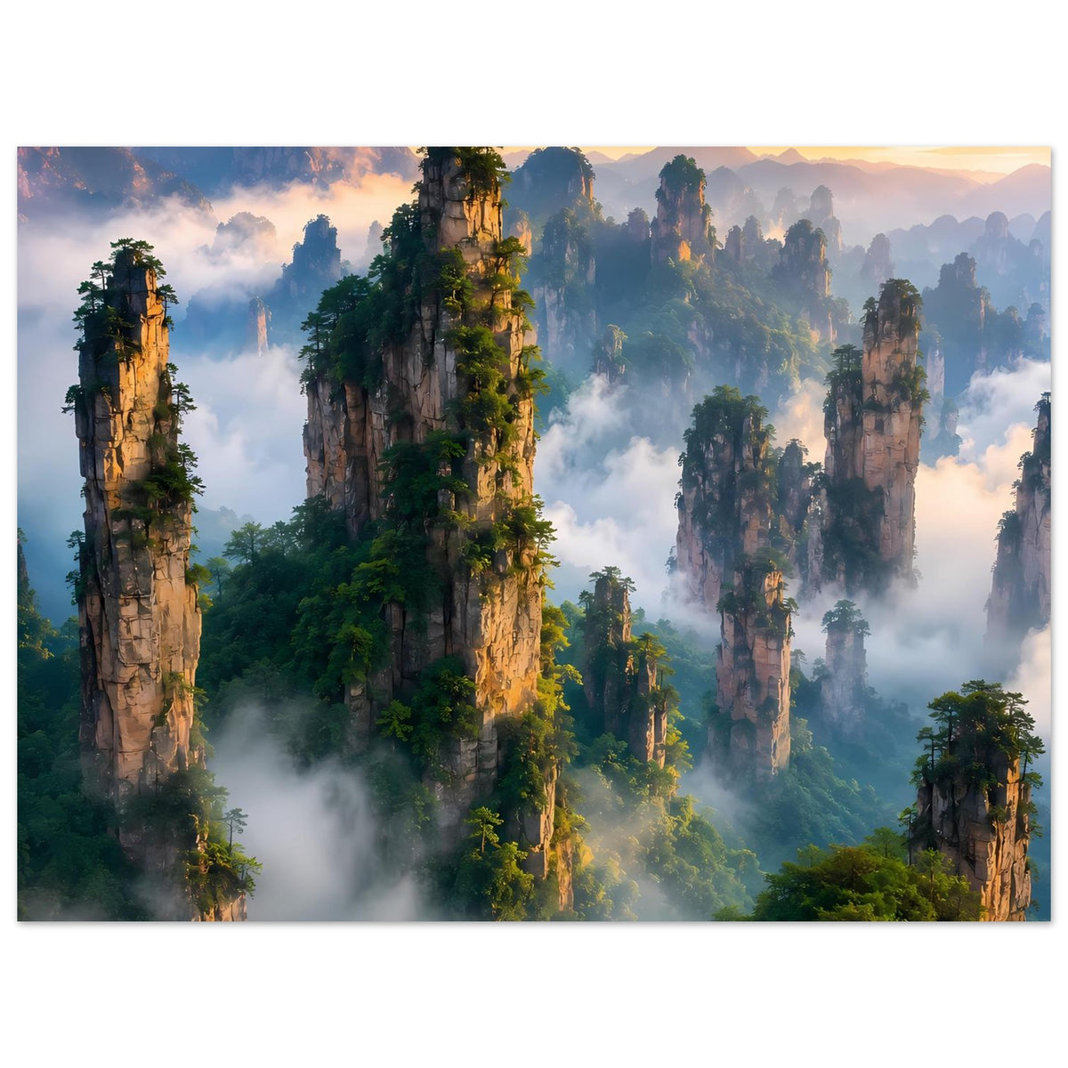 Horizontales Poster: neblige Landschaft mit hohen Felsformationen und goldenem Abendlicht