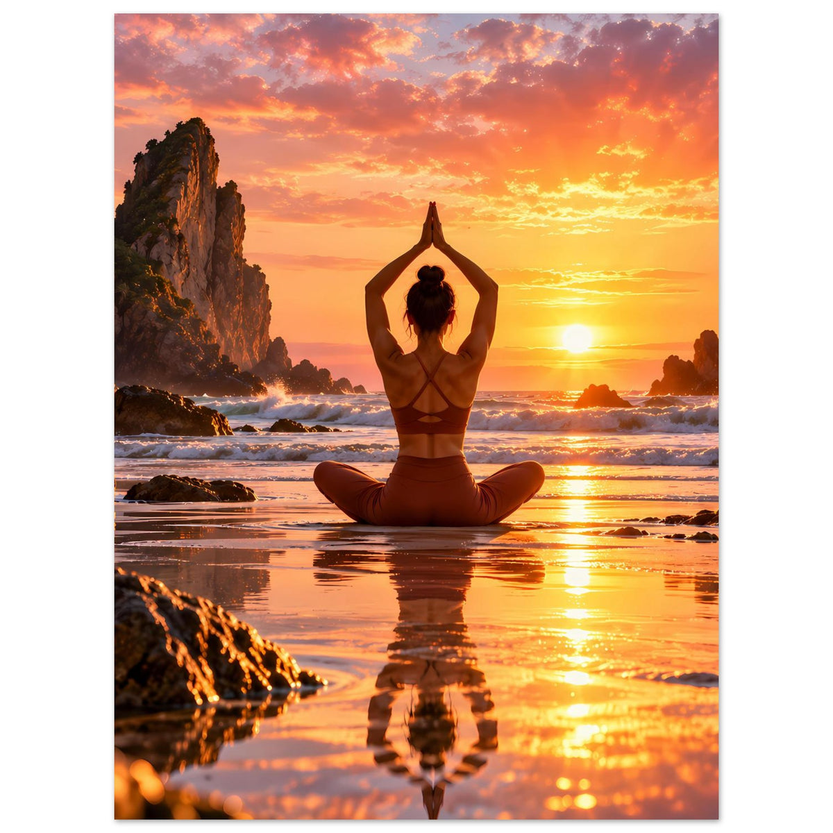 Yoga-Poster: Person im Lotussitz, Sonnenuntergang am Meer mit warmen Farbtönen