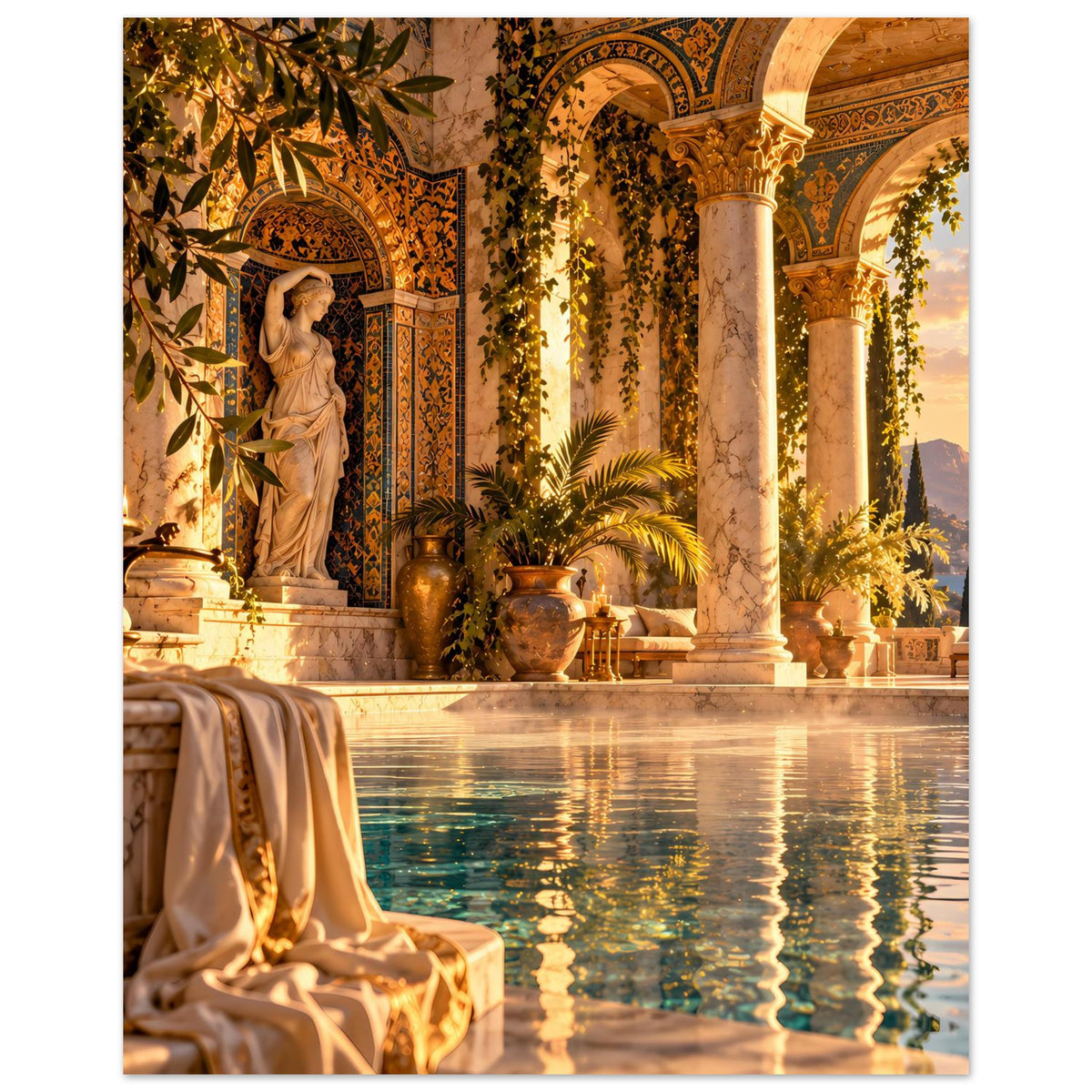 Mediterranes Pool-Poster mit Säulenreihe, Statue in der Wandnische und Spiegelungen im Becken