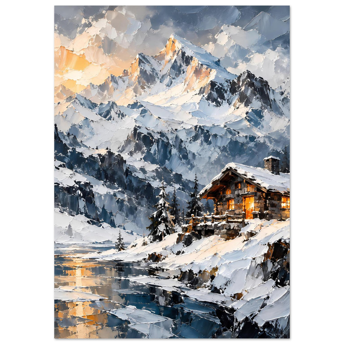 Vertikales Winterhütten-Poster mit Alpenbergen, Berghütte rechts und leuchtenden Fenstern