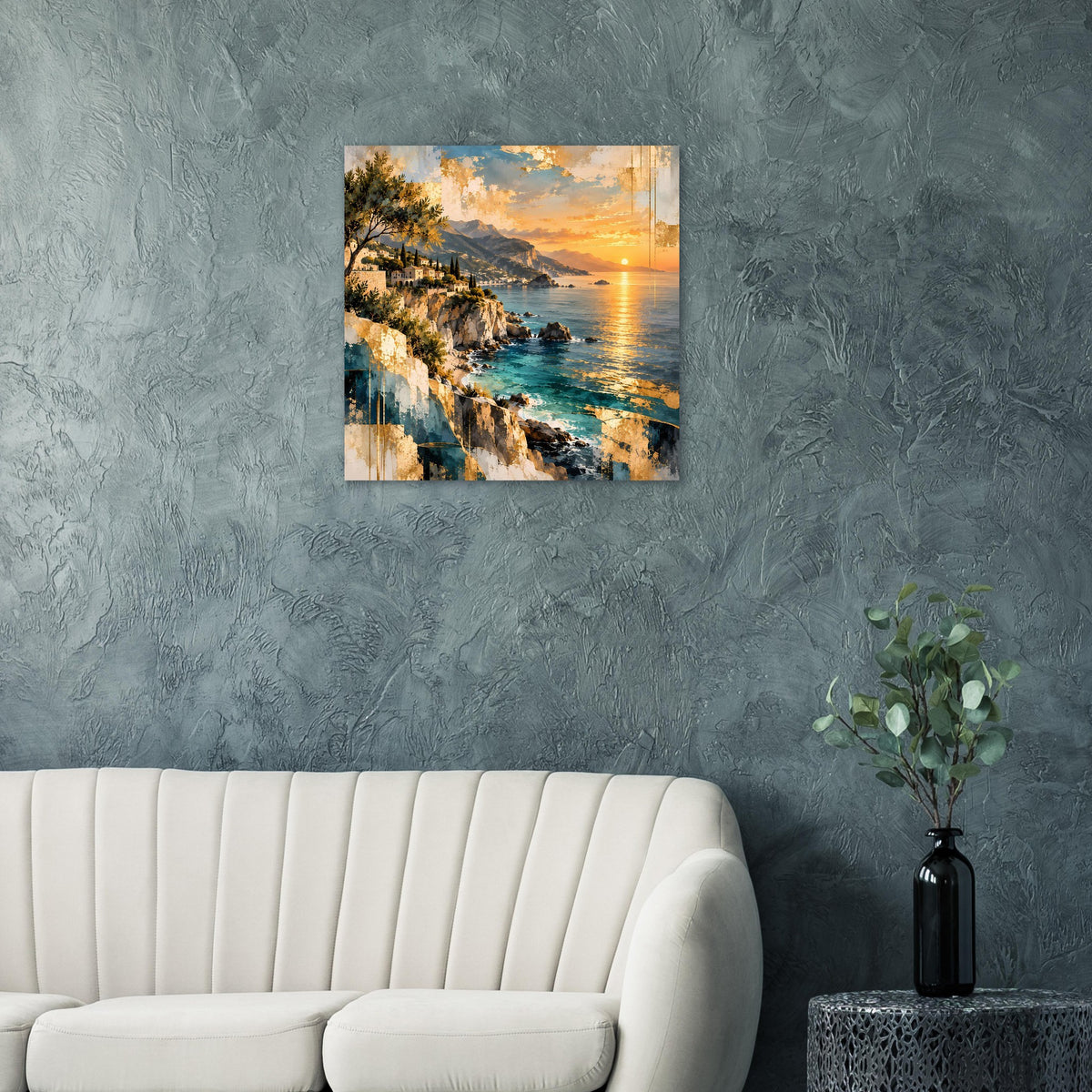 Wandposter mit Küstenlinie und Sonnenuntergangslicht über ruhigem Meer