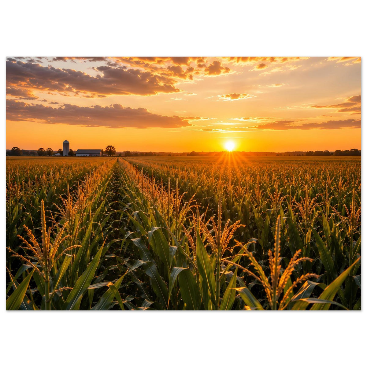 Querformat-Poster mit Maisreihe im Feld, strahlender Sonne am Horizont und Wolken in Orange