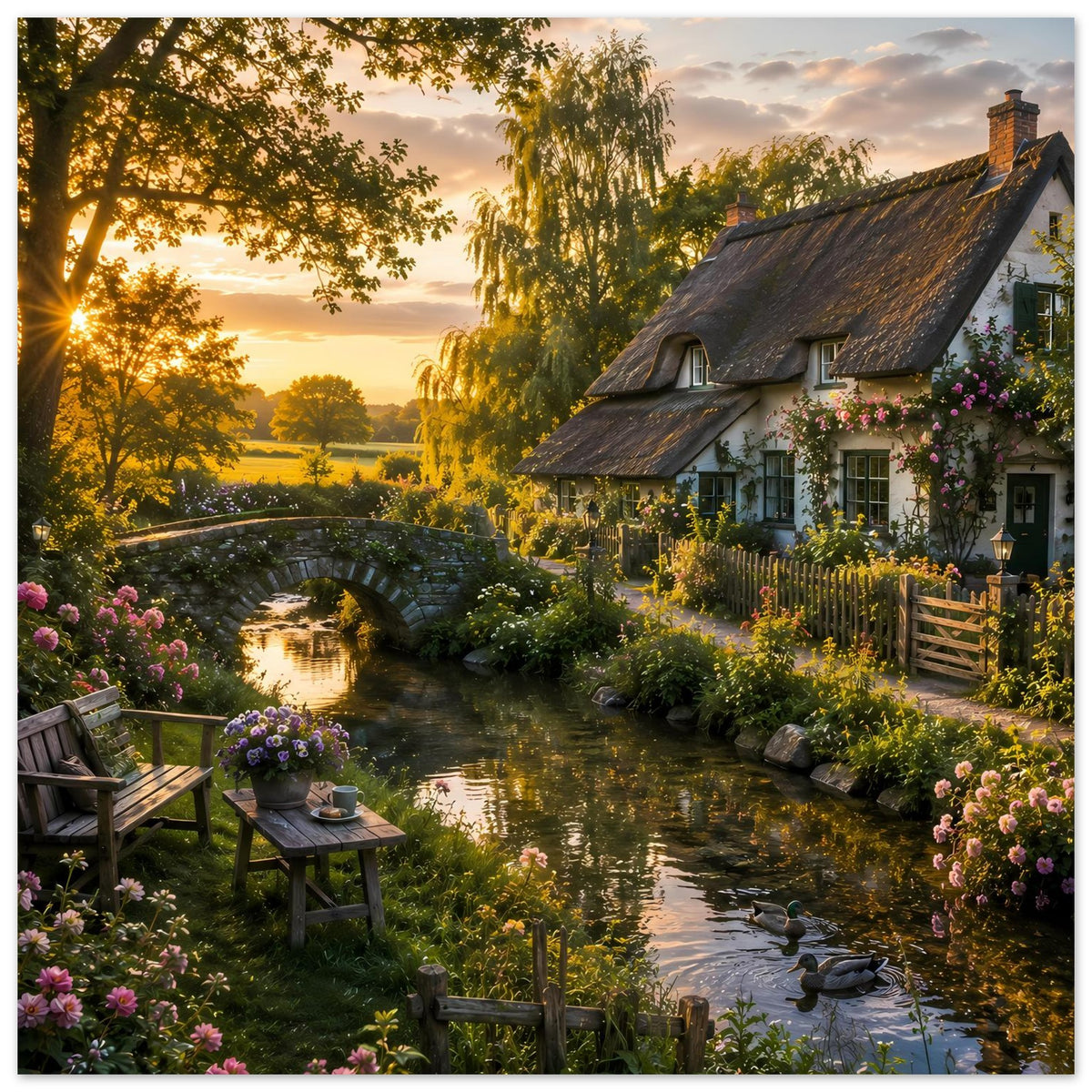 Landhaus-Poster Querformat: Sonnenstrahlen links, Fluss, Blumen und Steinbrücke