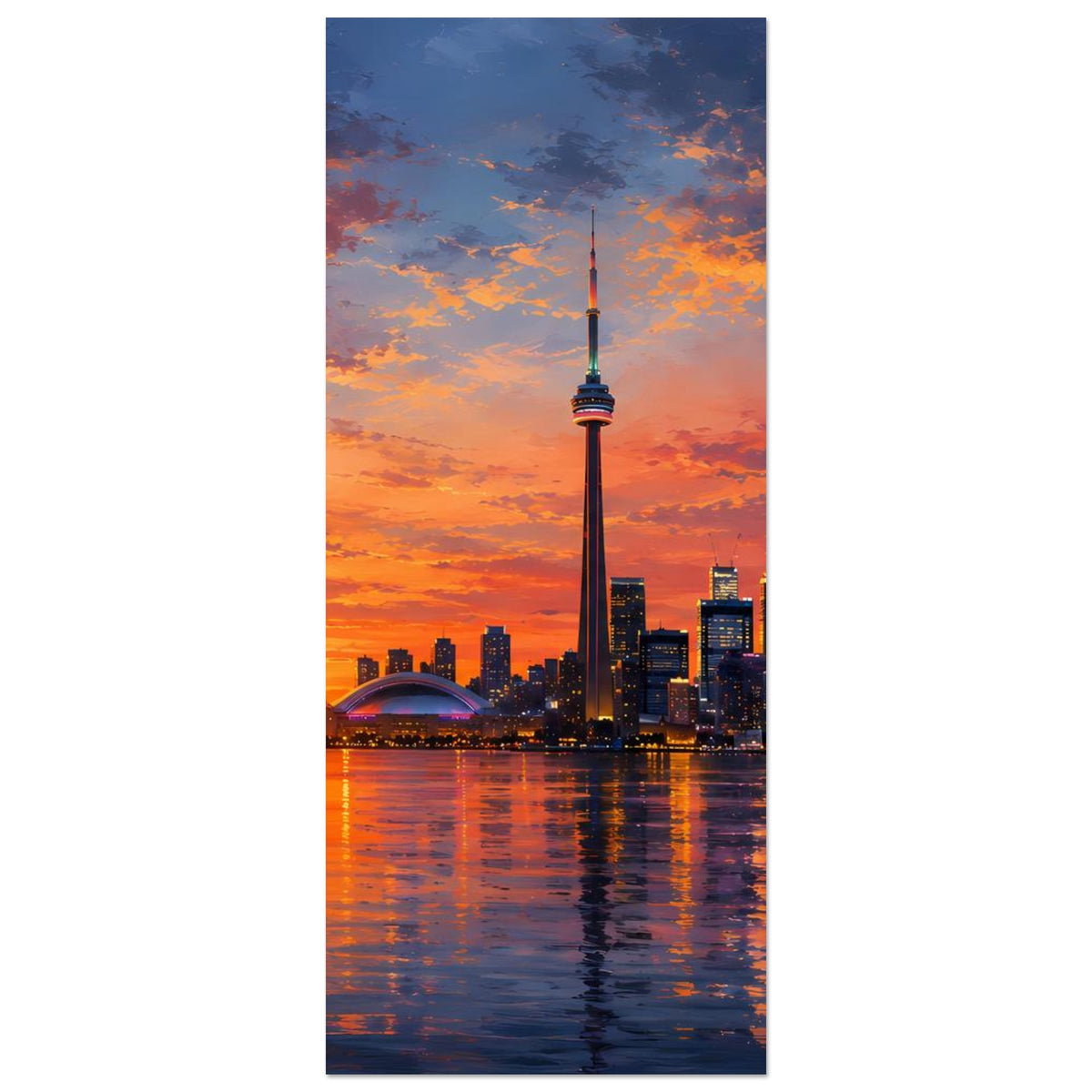 Stadtposter im Hochformat mit CN Tower bei Sonnenuntergang und Wasserspiegelungen