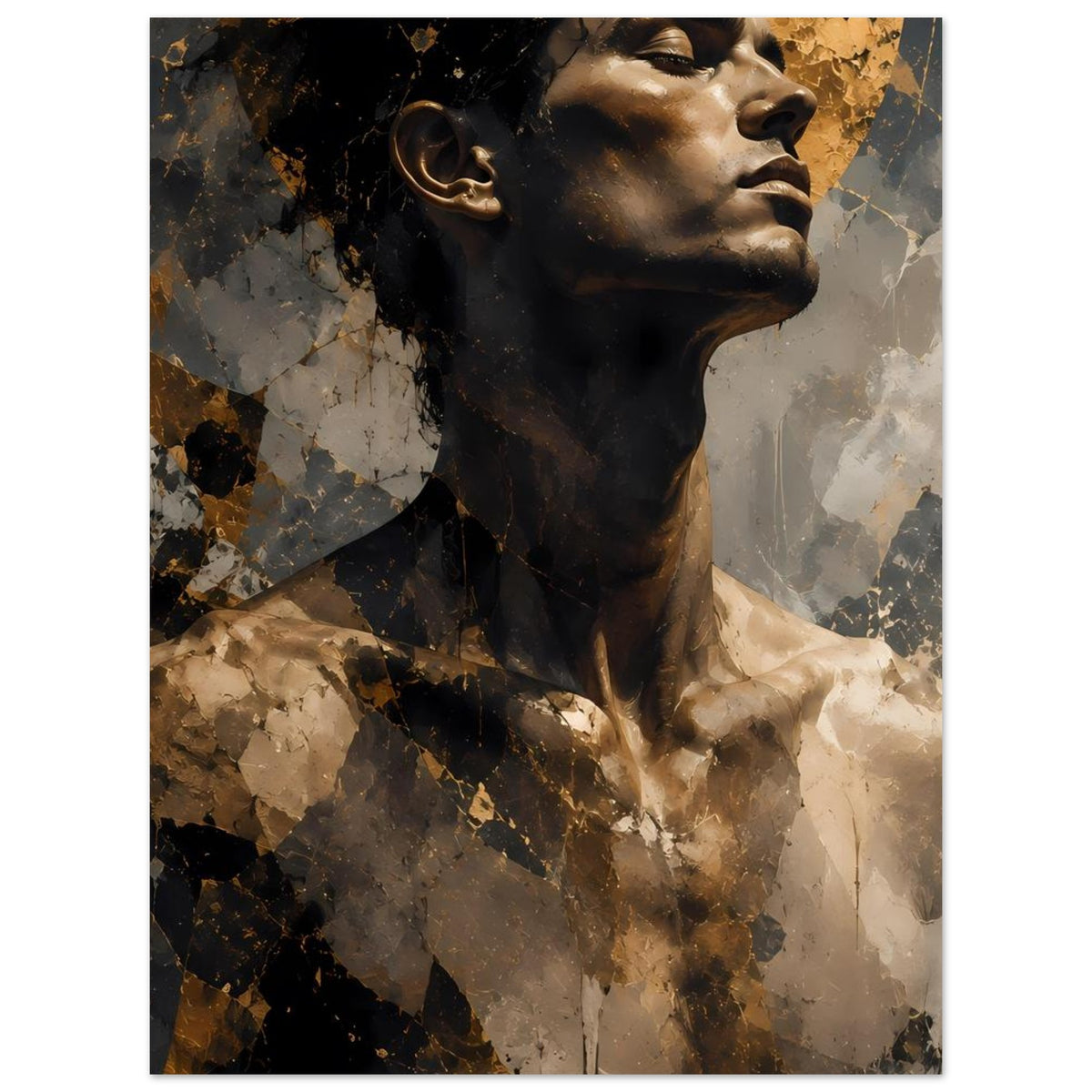 Kunstposter mit abstraktem Männerporträt in Gold-, Grau- und Schwarztönen, vertikaler Ausschnitt.
