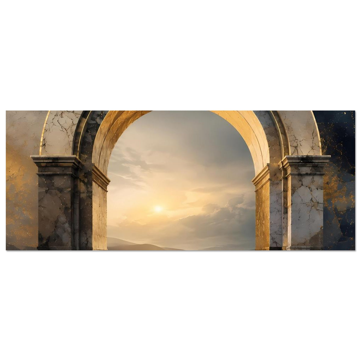 Panorama-Poster mit antikem Marmorbogen, goldem Innenring und Himmel im Sonnenaufgang