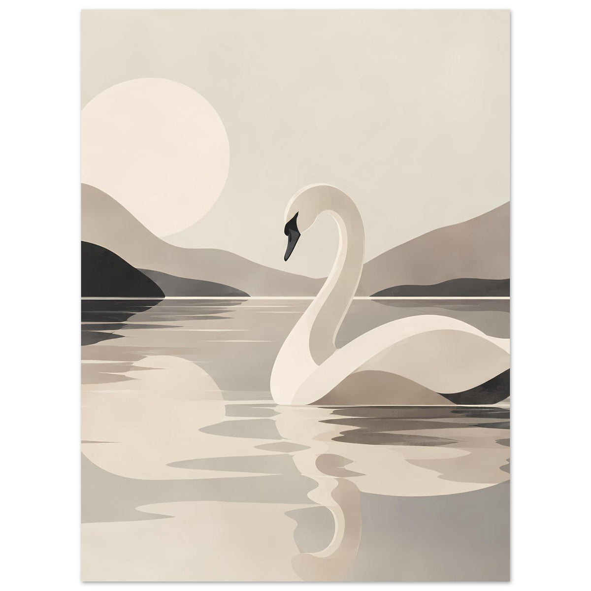 Wandposter im Hochformat: weißer Schwan auf spiegelndem Wasser, minimaler Naturprint in gedeckten Farben.