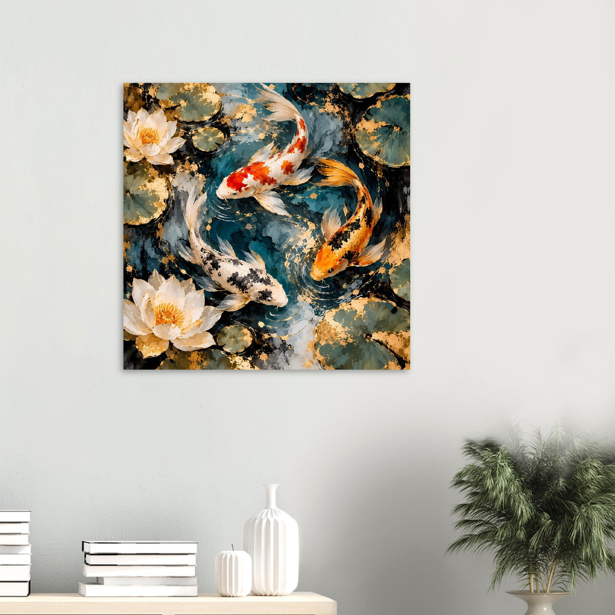 Kunstposter im Close-up mit Koi-Fisch und Seerosenblüten im Wasser