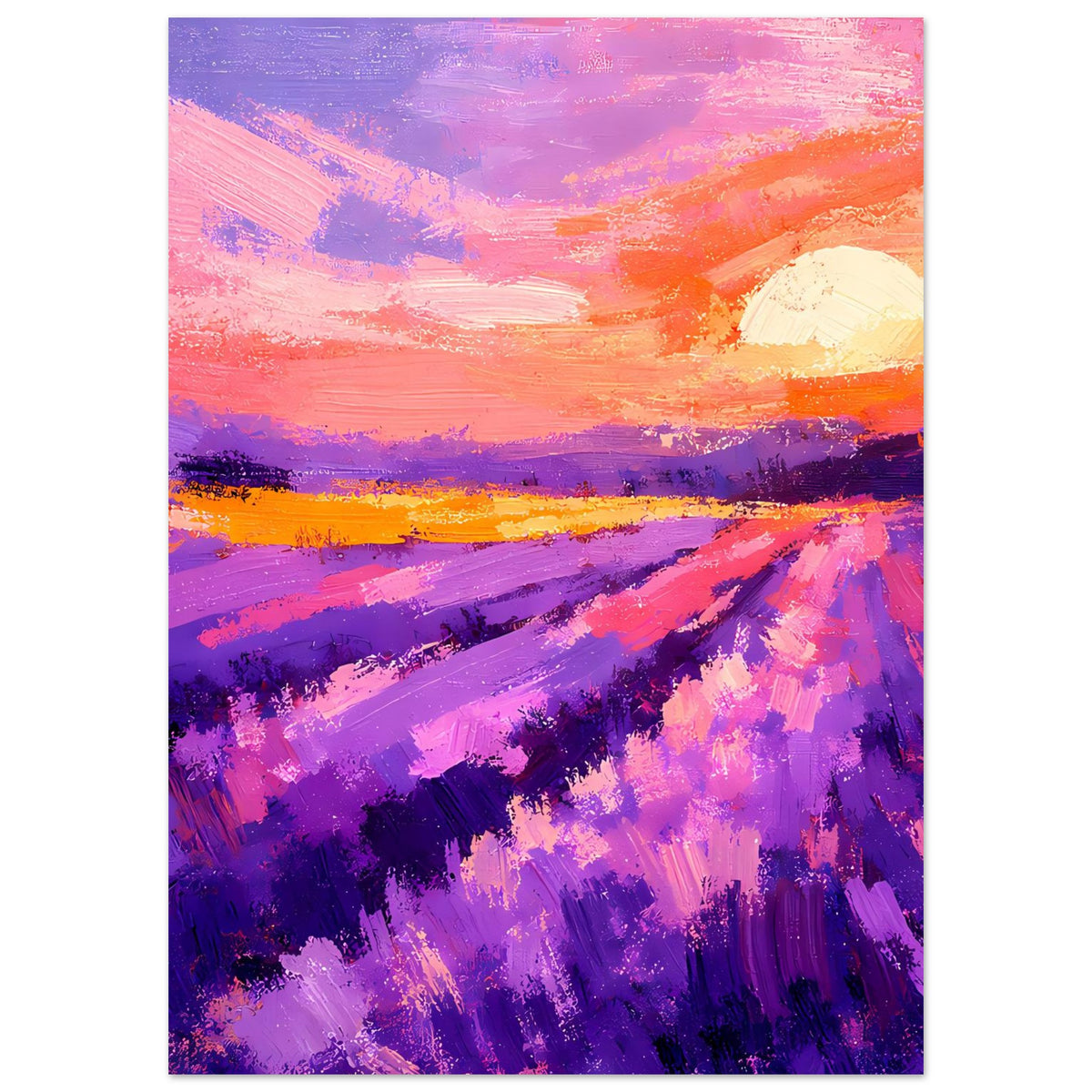 Hochformat-Poster mit Lavendelfeld und Sonnenuntergang, orangefarbener Sonne und violetten Streifen