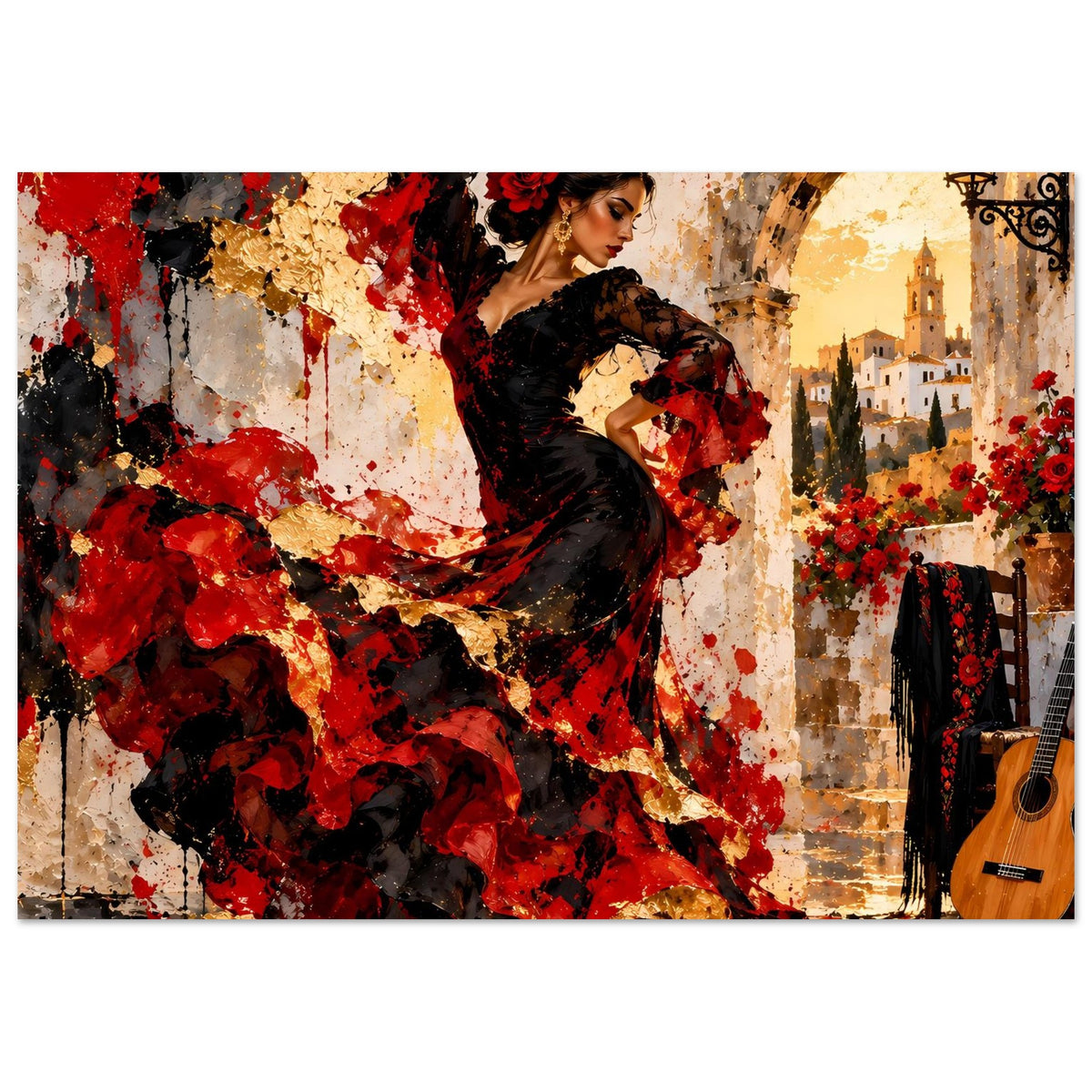 Poster: Flamenco-Tänzerin in schwarzem Kleid, rote Sprenkel, architektonische Formen und Gitarre