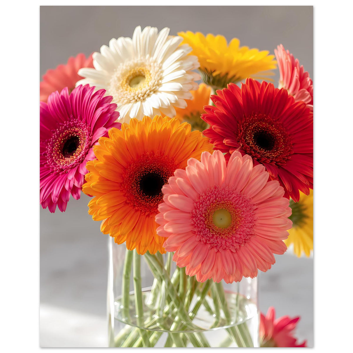 Gerbera-Blumenstrauß-Poster, Glasvase mit bunten Gerbera: pink, orange, rot, weiß und gelb