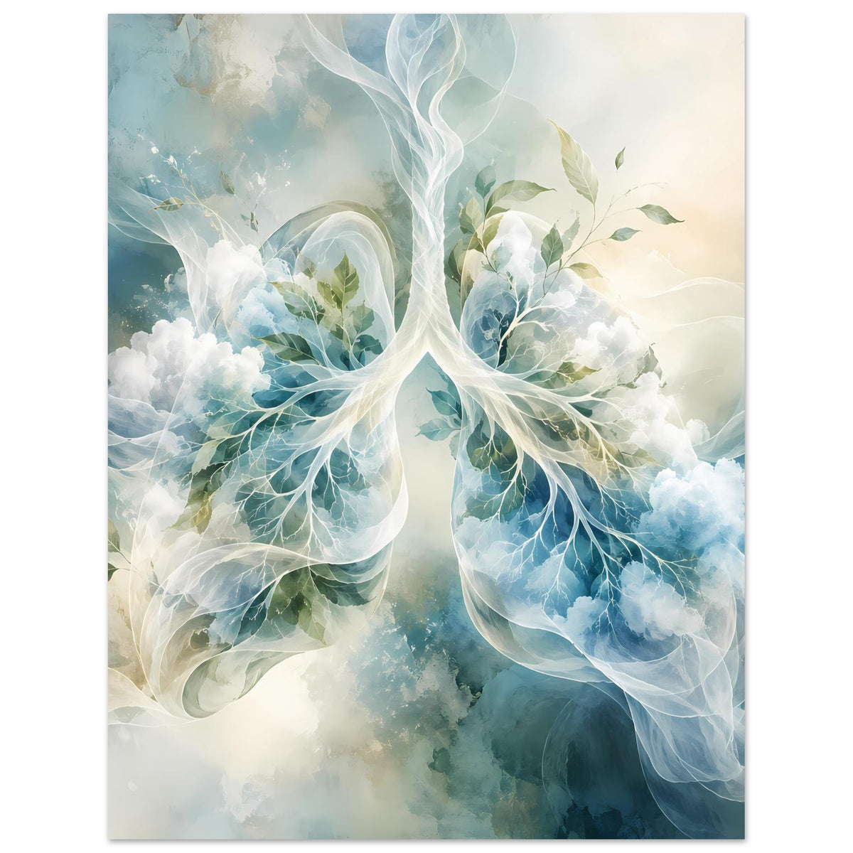 Surreales Lungen-Poster: verästelte blaue Strukturen, umwölkt von Dampf, mit Blättern