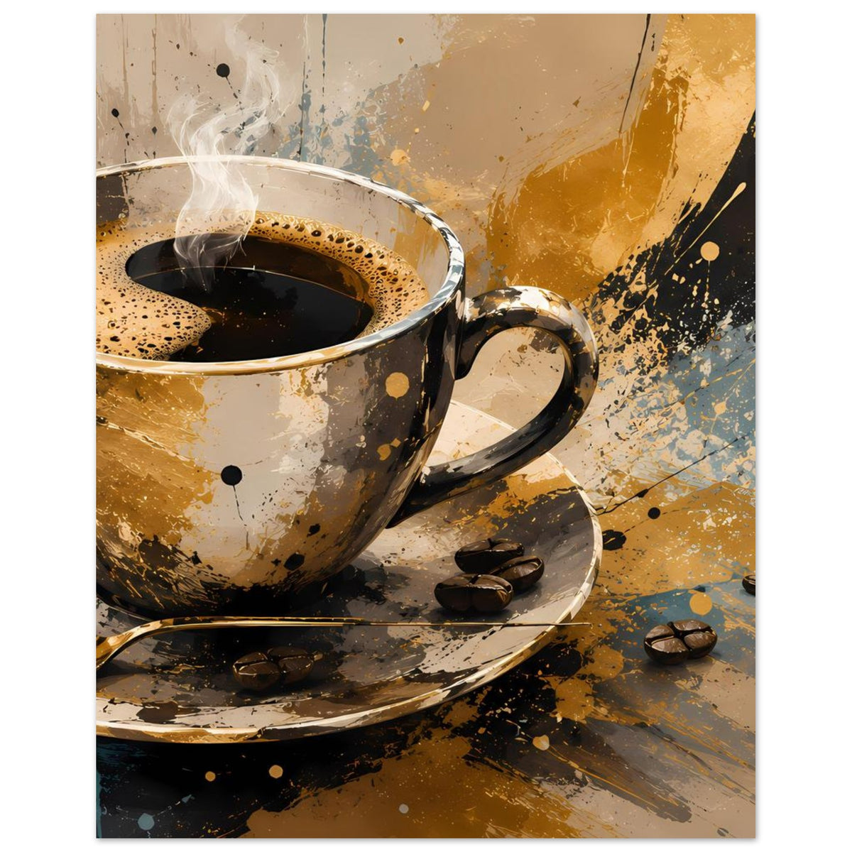 Kunstposter mit Kaffeetasse, dampfendem Kaffee, Untertasse und Kaffeebohnen im Spritzstil