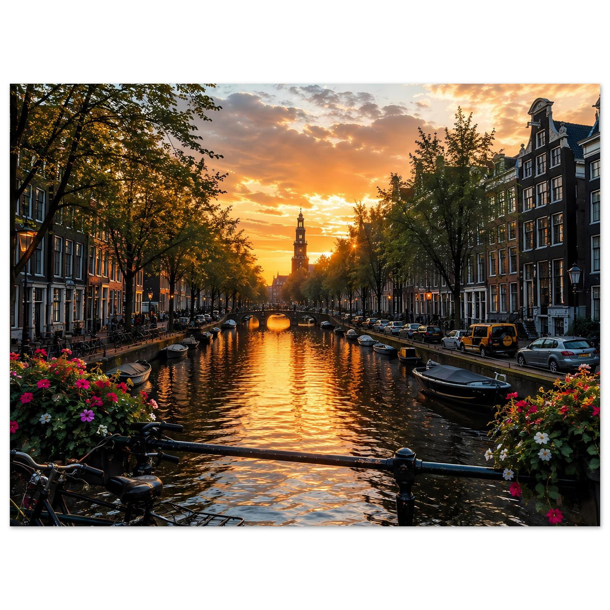 Poster im Hochformat: Amsterdamer Kanal bei goldenem Sonnenuntergang, Boote und Uferbäume.