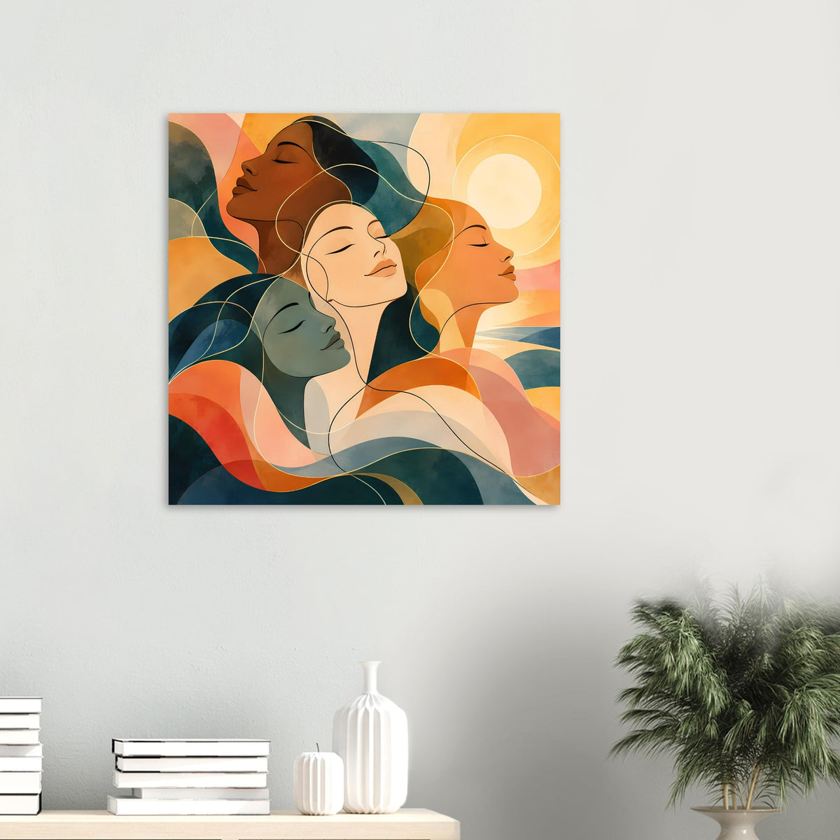 Kleines Kunstposter im Quadratformat mit vier Frauen im abstrakten Stil, warmes Orange und Blau
