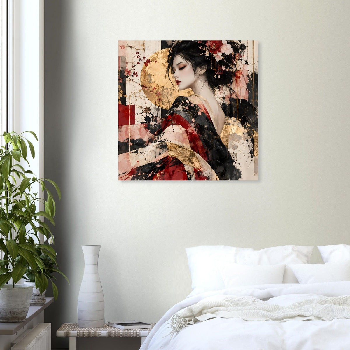Asiatisches Kunstposter mit Frau in Rot, Rosé und Gold, quadratisch