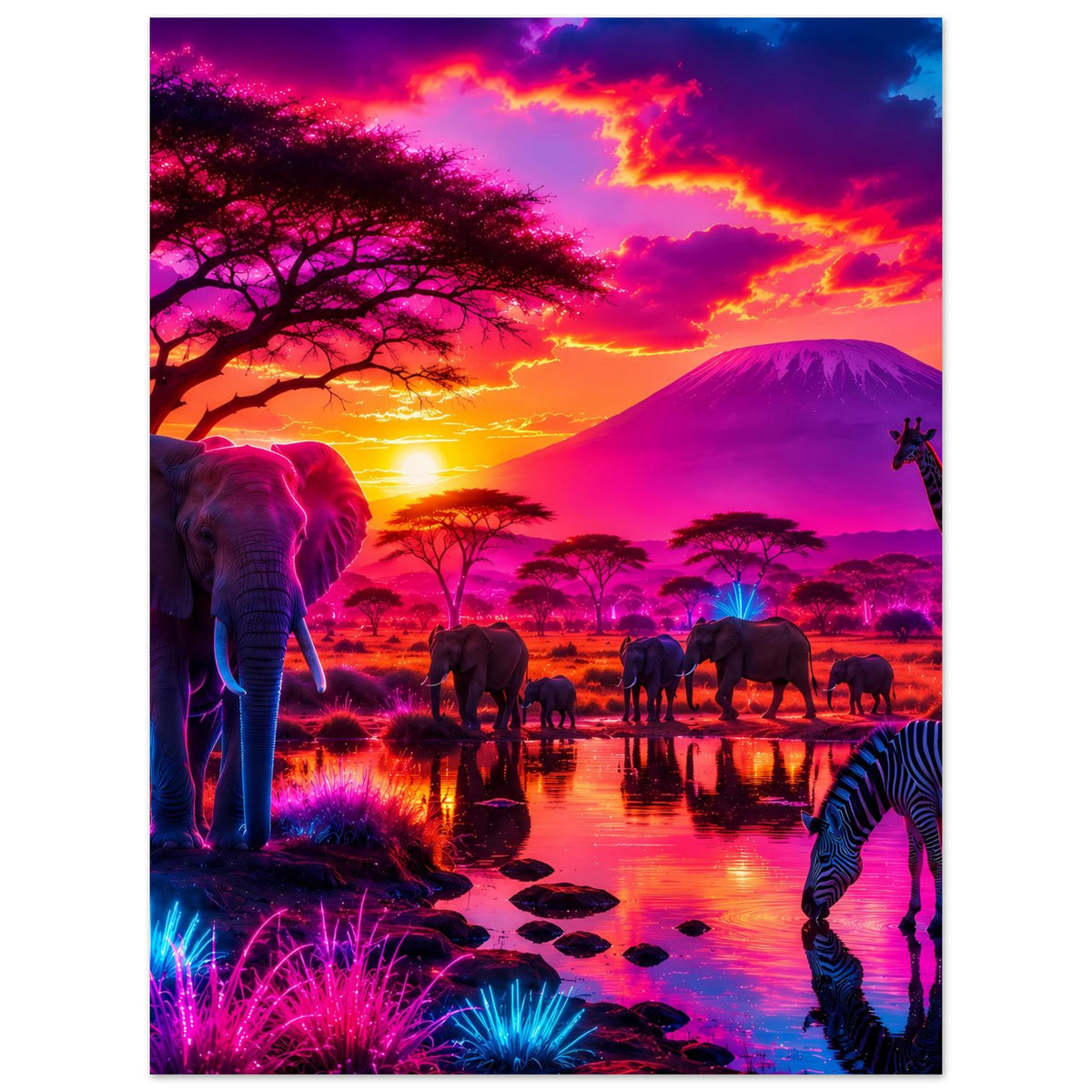Safari-Poster mit Elefanten und Giraffe, Zebras und Büffeln am Wasser bei Sonnenuntergang
