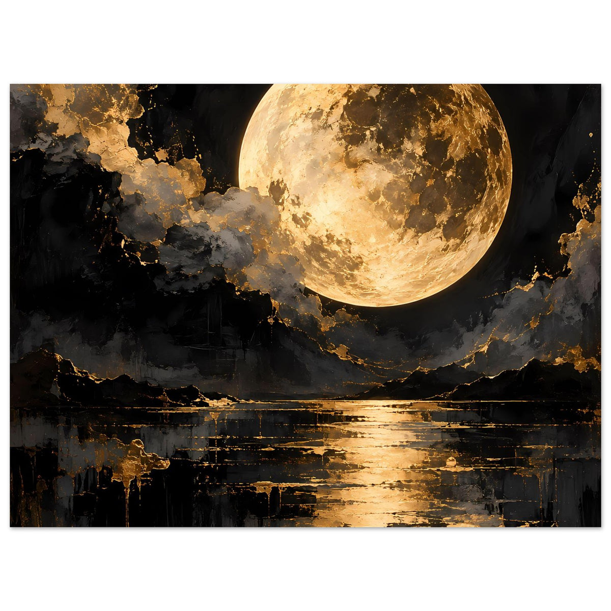 Wandposter mit gold-beigem Vollmond, dunklen Wolken und goldenen Akzenten auf Wasseroberfläche