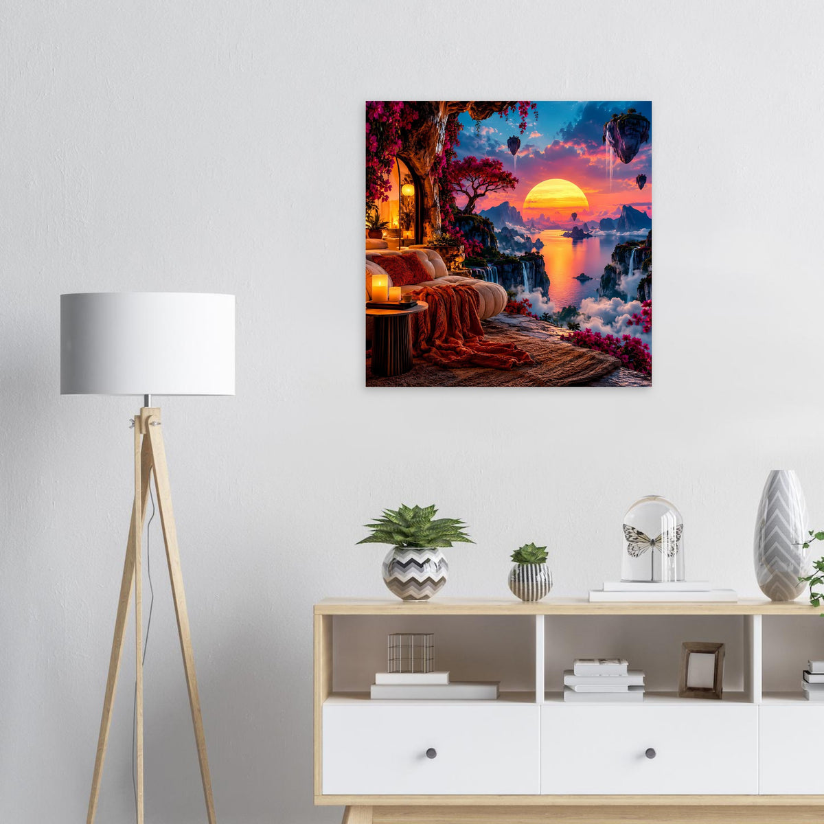 Wandposter mit Traumlandschaft: Sonnenuntergang, Wolken und Weg im Garten, quadratisch eingerahmt