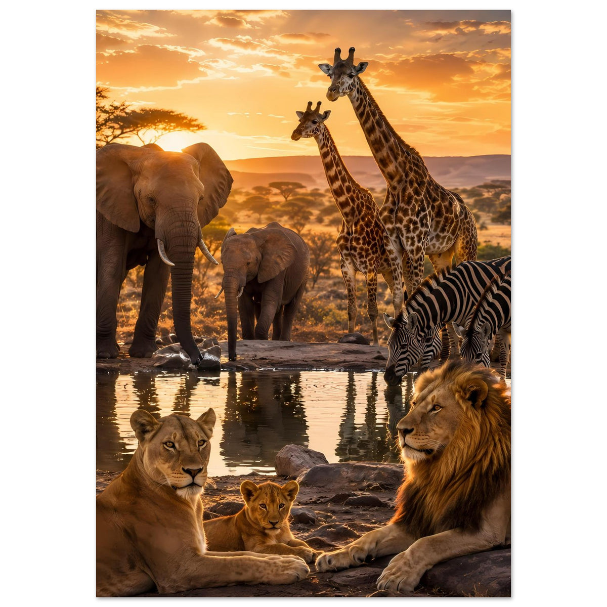 Poster mit Löwen, Elefanten, Giraffen und Zebra an Wasserstelle im Sonnenuntergang (vertikal)