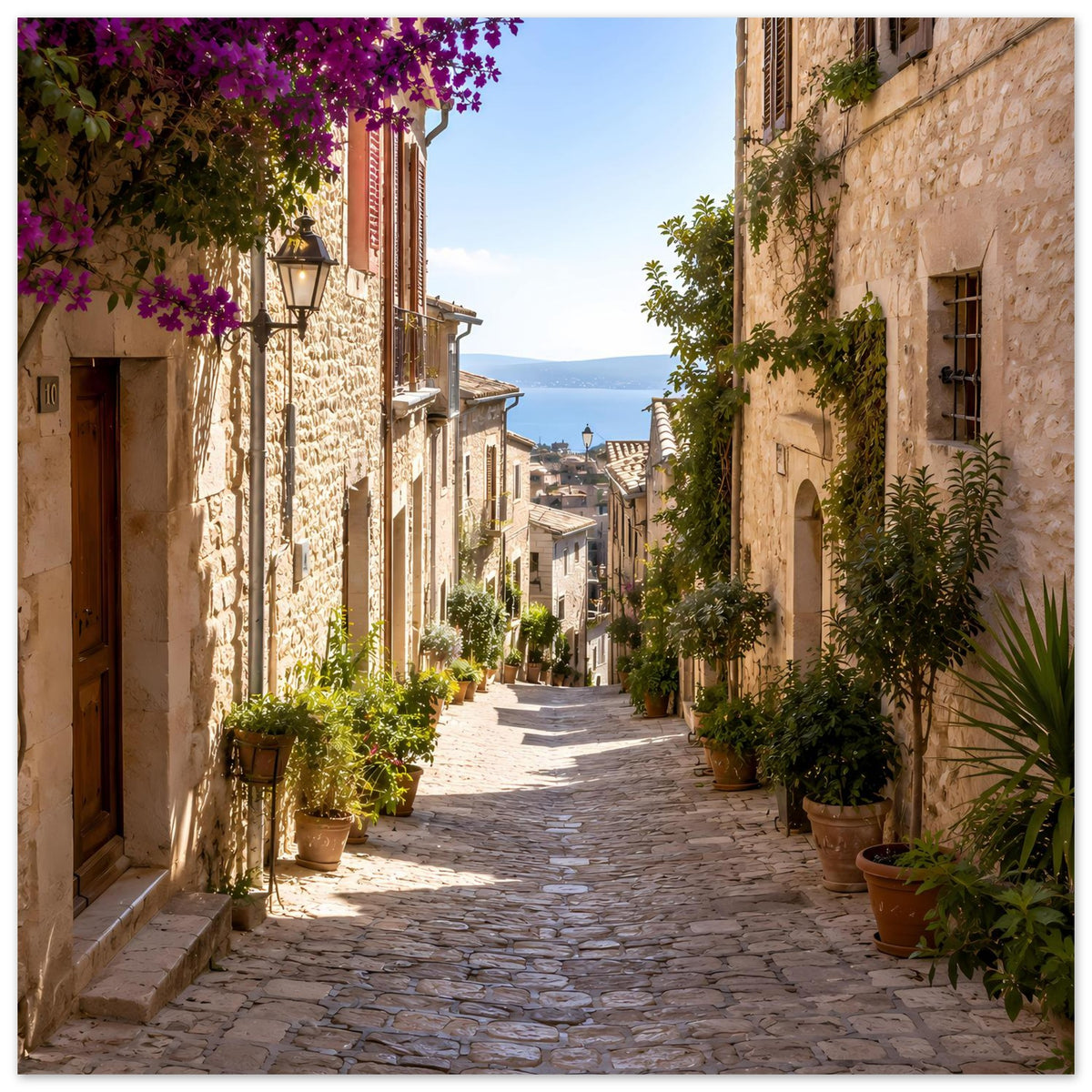 Mediterraner Charme-Poster: Gasse mit blühenden Sträuchern und Töpfen am Wegesrand