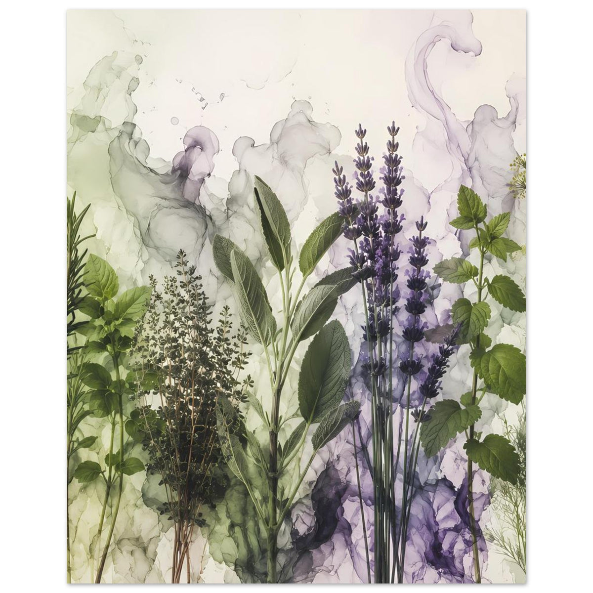 Botanisches Poster mit Pflanzenillustration, Lavendelrispen in Lila und große grüne Blätter