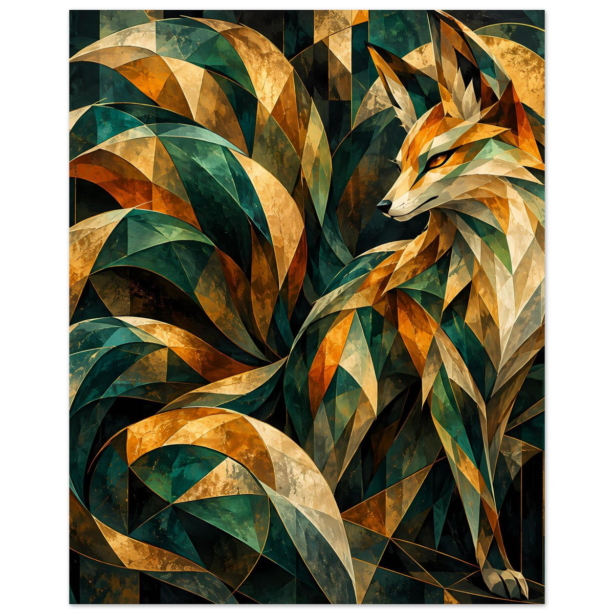 Kunstposter im Hochformat: geometrischer Fuchs mit Smaragdgrün- und Goldtönen