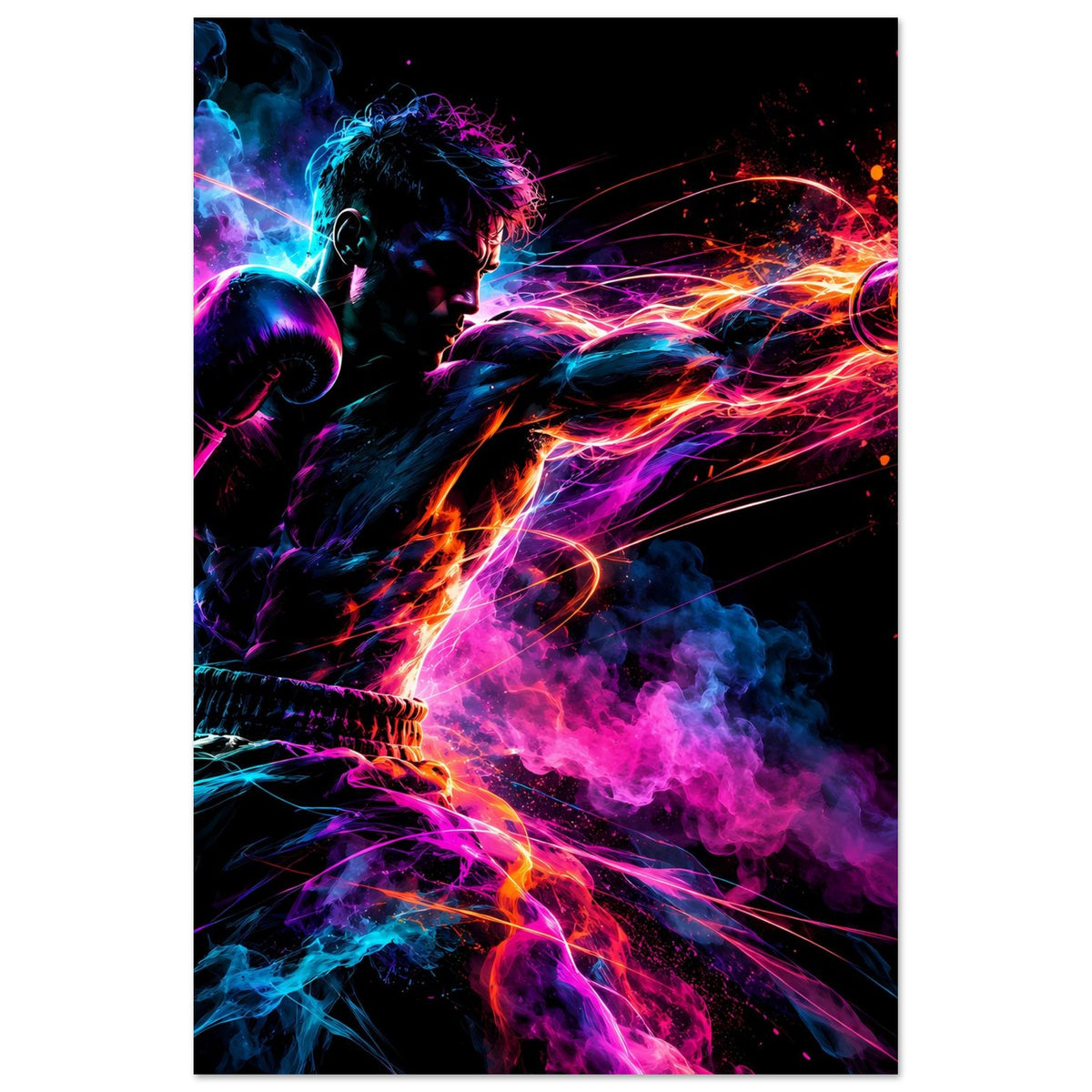 Neon-Boxer-Poster im Hochformat mit schwarzem Rand: Boxersilhouette und bunte Energieblitze.