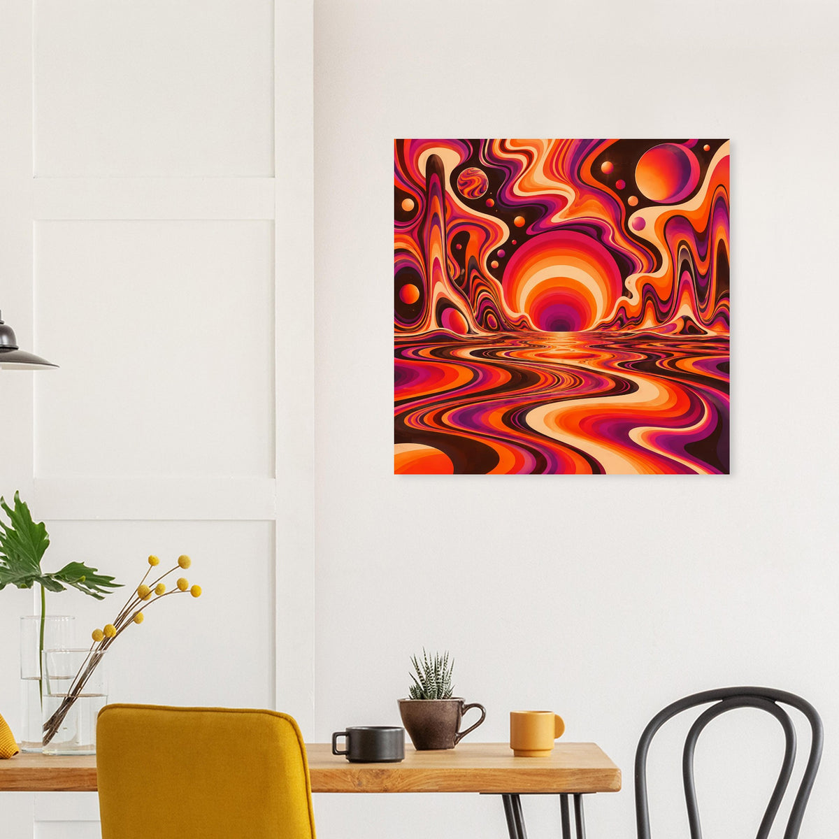 Poster mit psychedelischen orangefarbenen und violetten Strömungsmustern