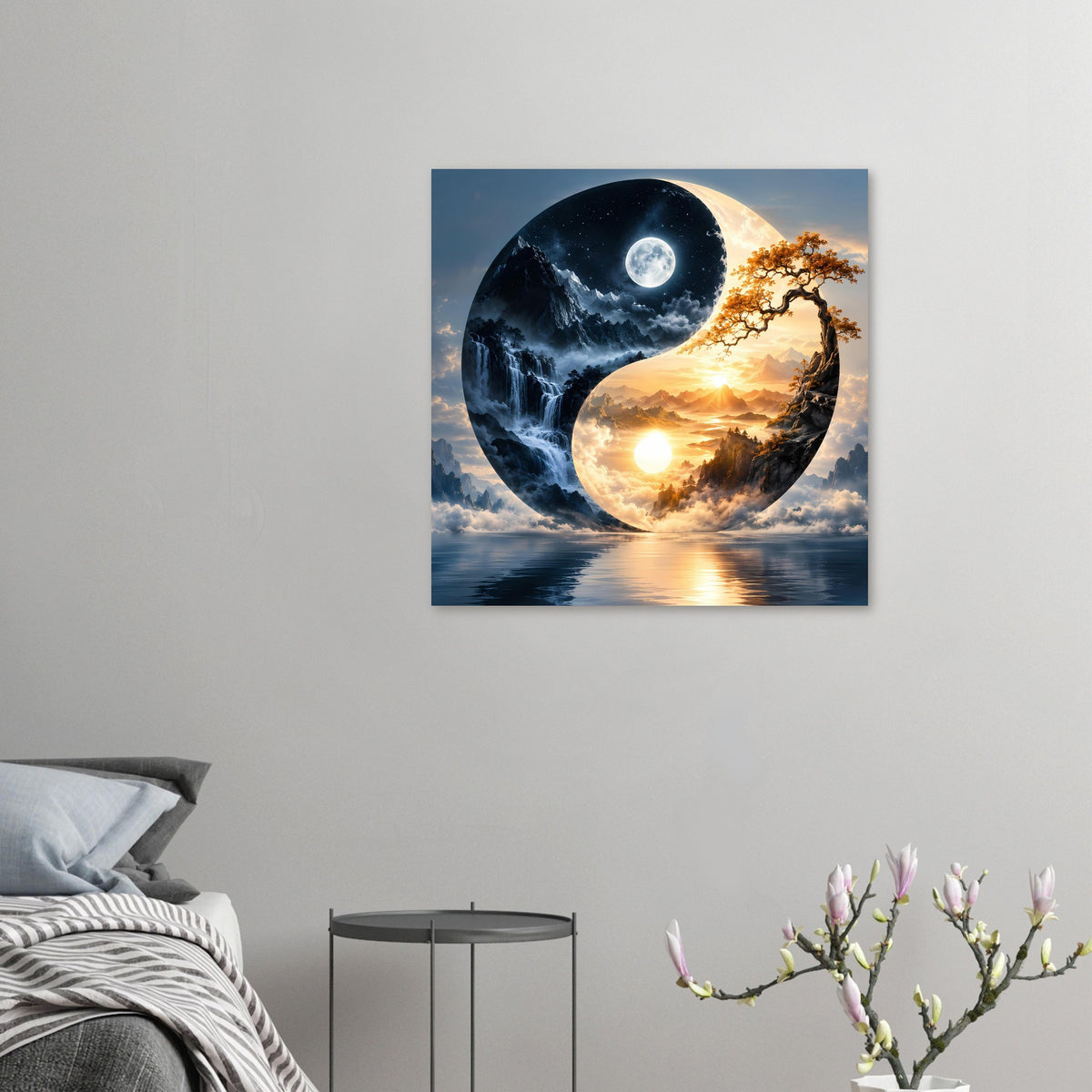 Kleines Wandposter im Rahmen: Yin-Yang-Landschaft mit Mond, Sonne und Wasser