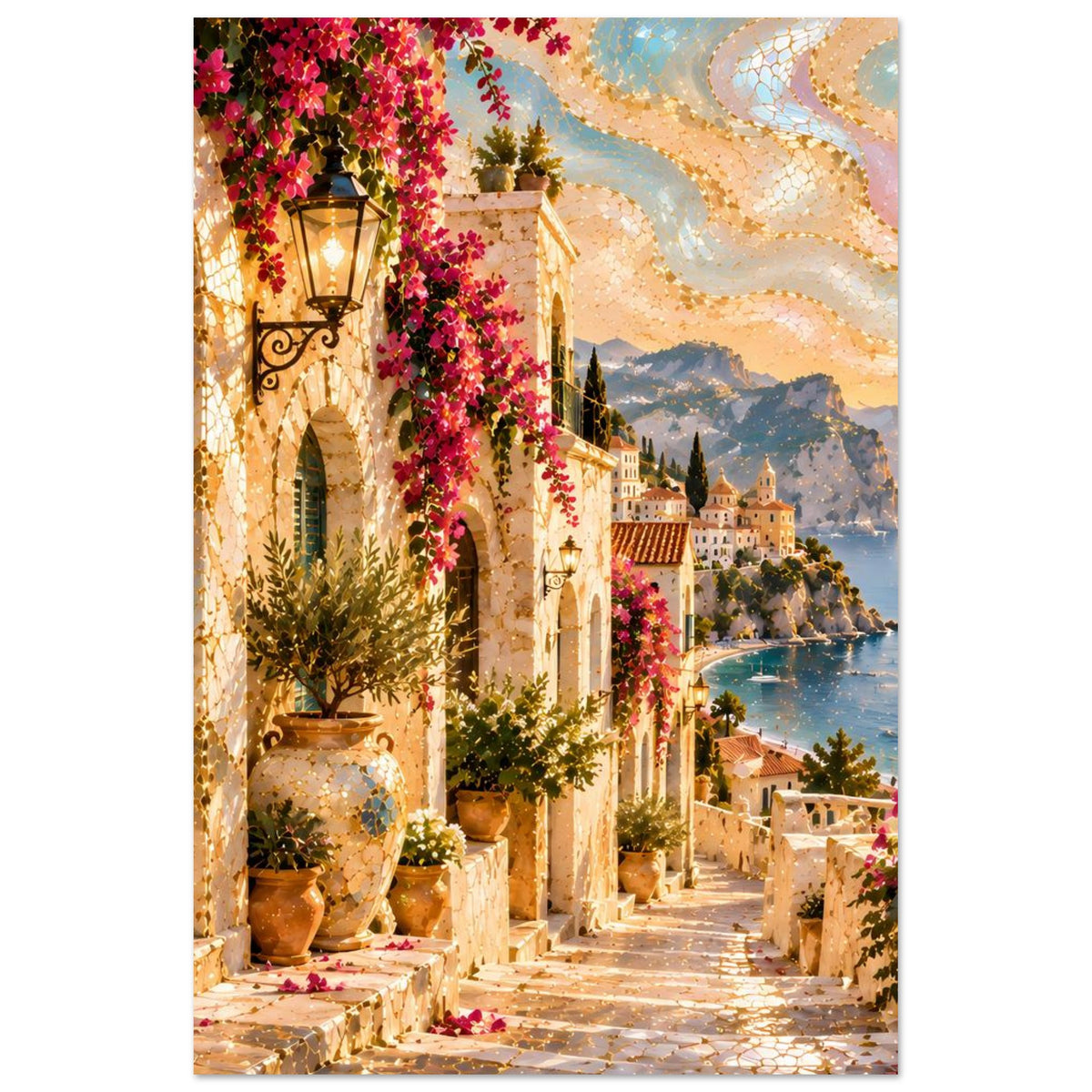 Poster im Hochformat: Blumenranken an einer mediterranen Fassade, Laterne und Küstenlandschaft