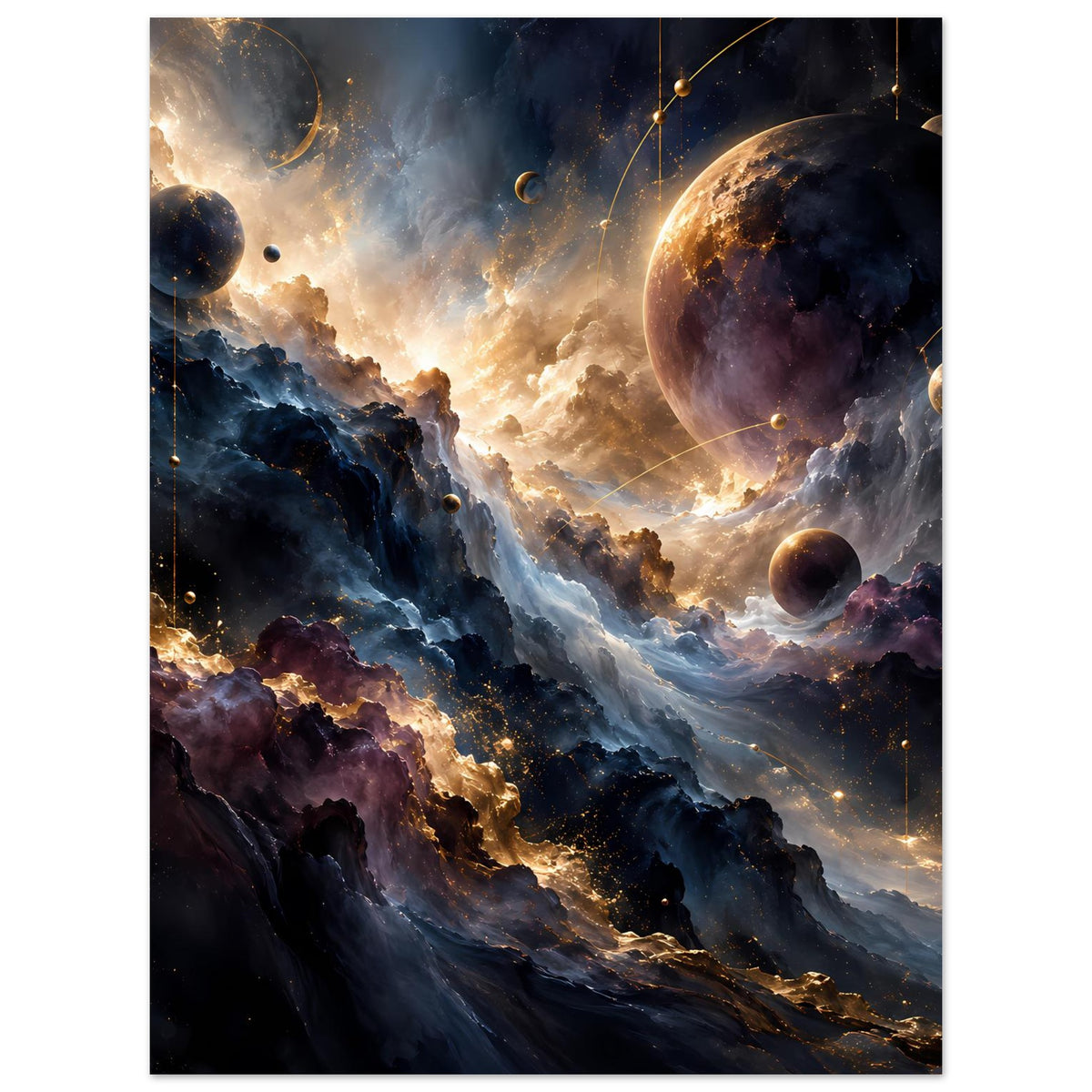 Weltraum-Kunstposter mit Planeten, dunklen Wolkennebeln und goldenen Lichtpunkten