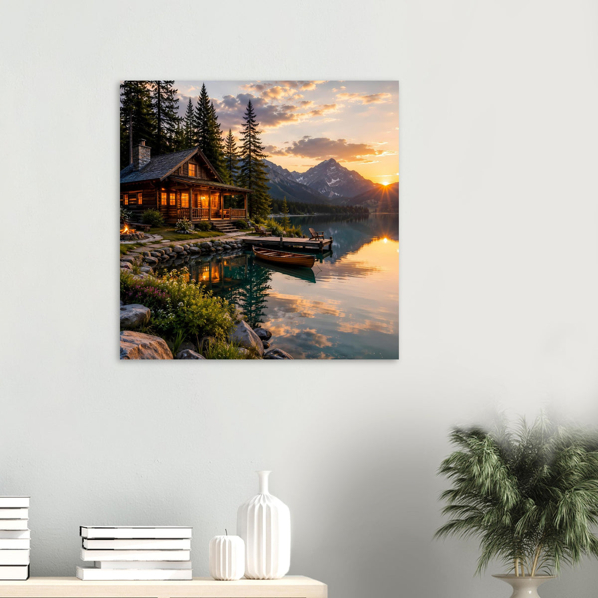 Kleines Landschaftsposter mit See, Boot und Holzhaus bei Sonnenuntergang