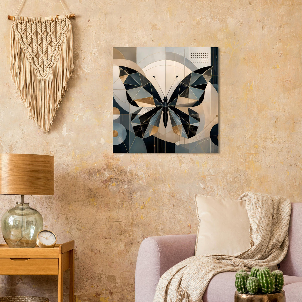 Gerahmtes Poster mit geometrischem Schmetterling, Petrolblau, Gold und beigen Flächen