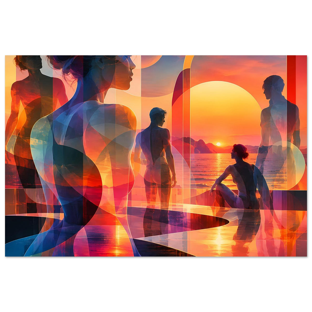Panorama-Kunstposter mit abstrakten Figuren-Silhouetten und Sonnenuntergang, orange-blau
