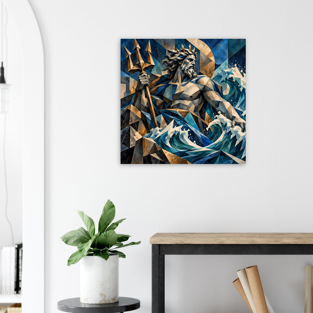 Quadratisches Mythologie-Poster mit Poseidonfigur in Ozeanblau und Gold auf dunklem Hintergrund