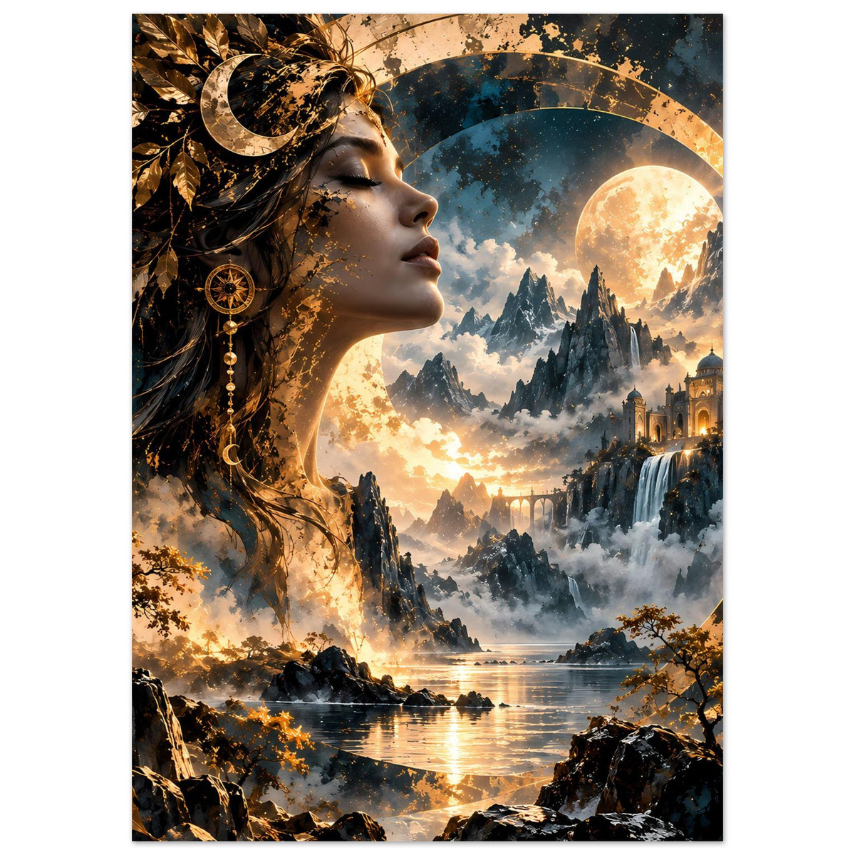 Poster im Hochformat mit Göttin im Profil, goldenem Schmuck und Mond über Bergsee