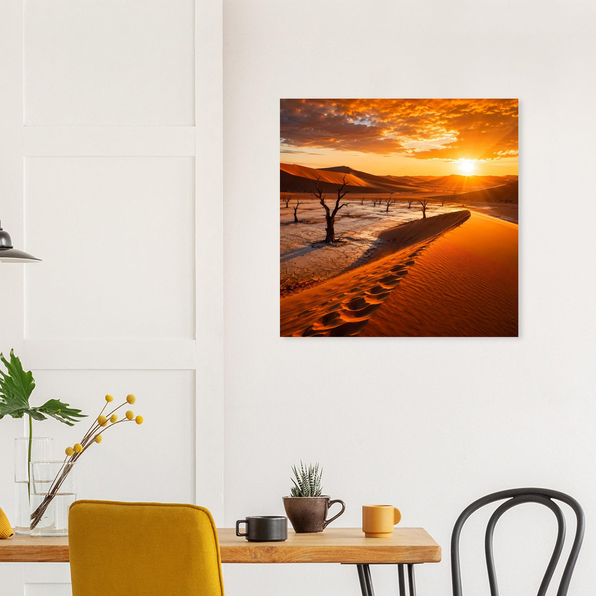 Wüstenlandschafts-Poster mit Sonnenball, Sanddünen mit Spuren und Baumreihe im Hintergrund